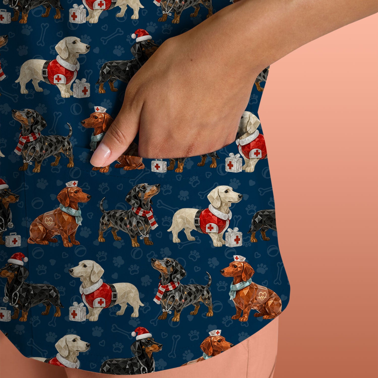 Funny Dachshund Christmas Dog Nurse Scrub Top, Holiday Puppy Medical Uniform Shirt For Nursing