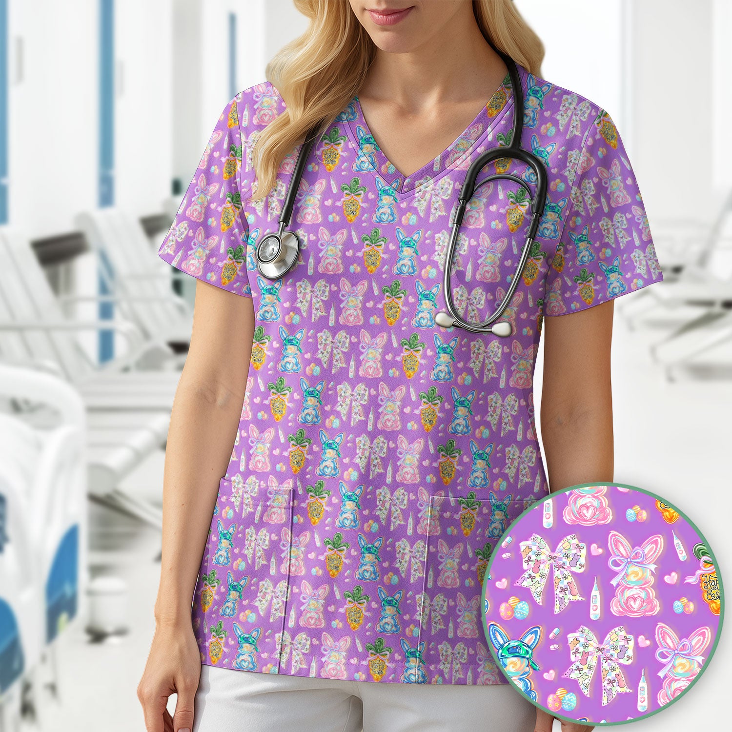 Easter Bunny Carrot Bow Floral Print Scrub Top, Comfortable Scrubs for Nurses