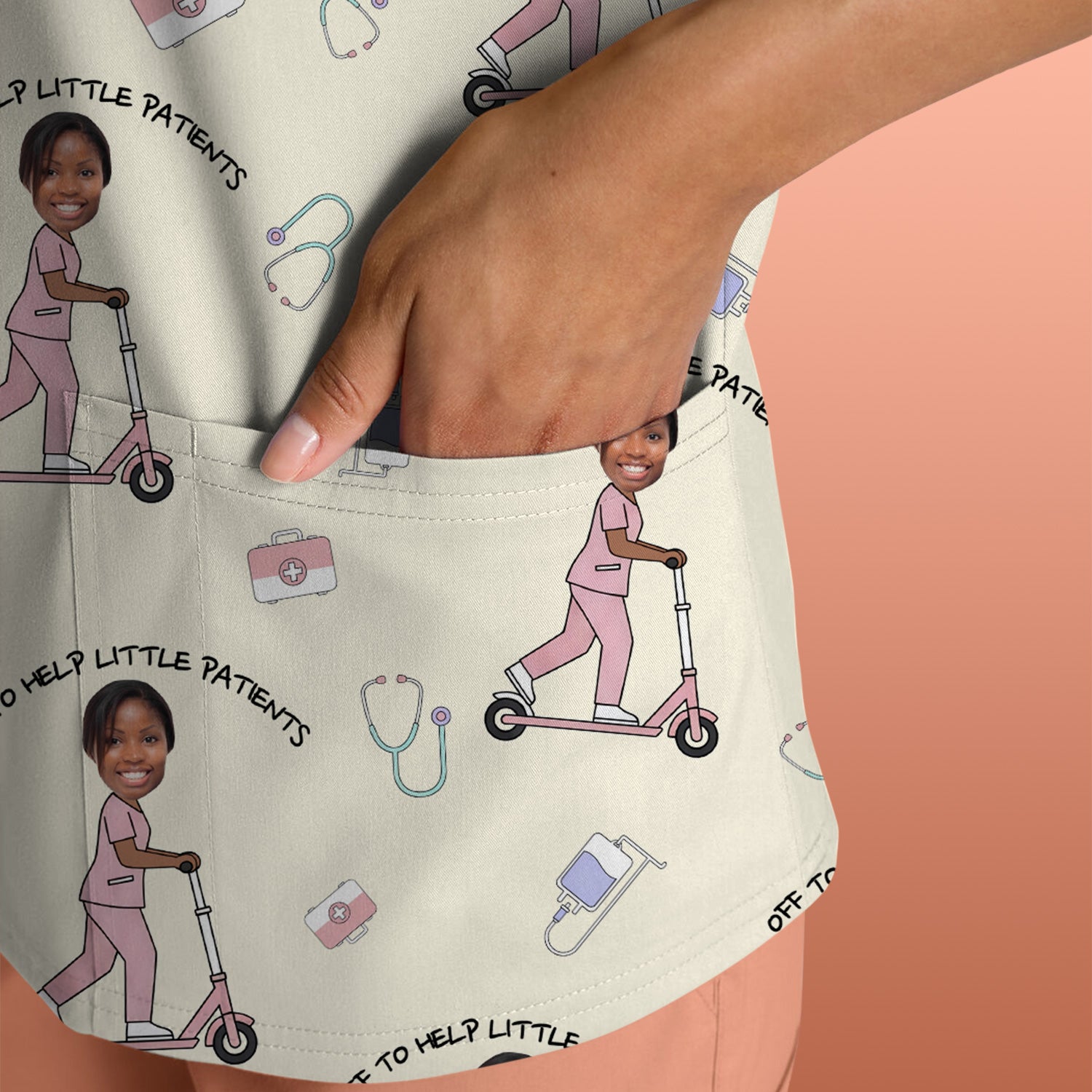 Custom Face Pediatric Nurse Scooter Pattern Scrub Top, Comfortable Scrubs for Nurses