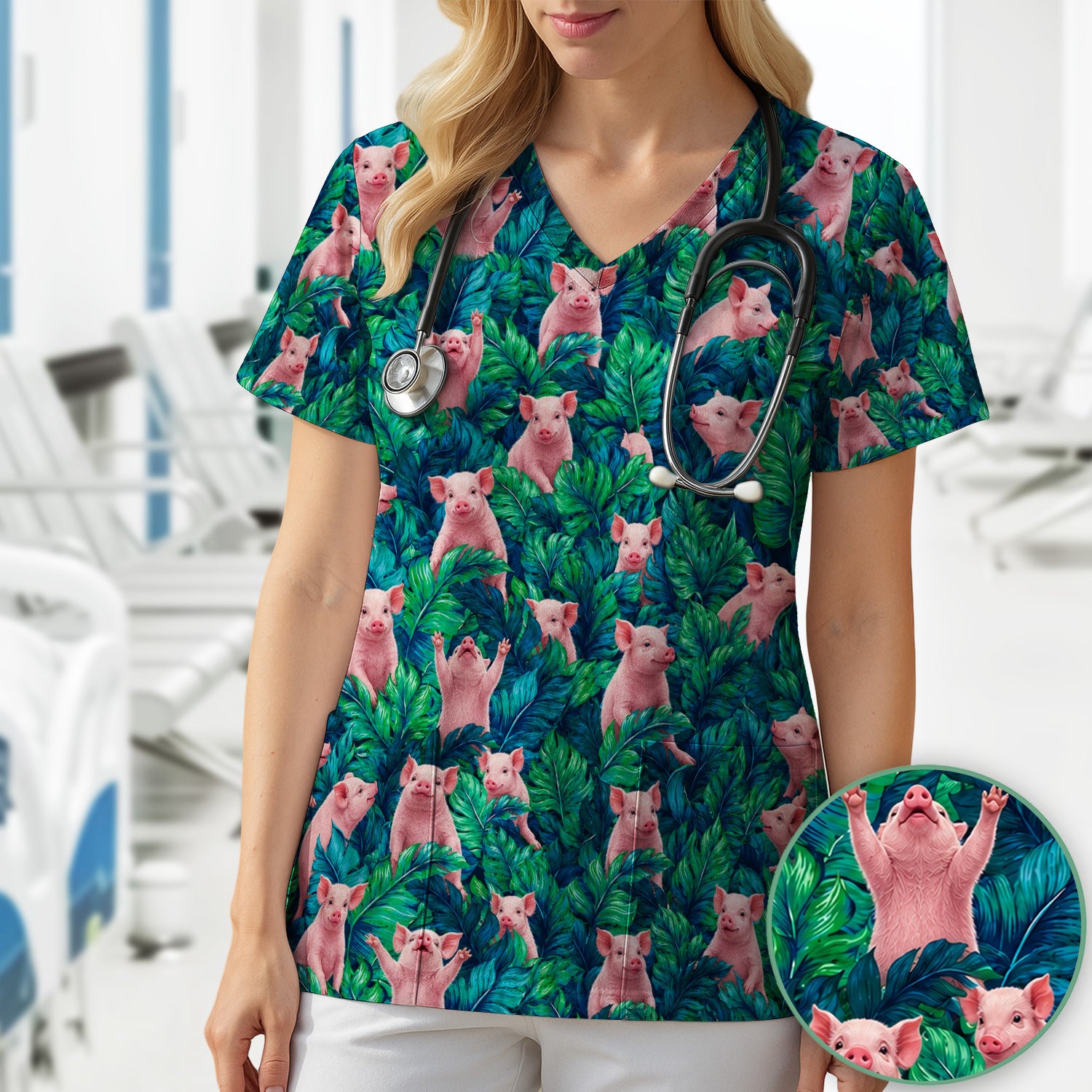 Cute Piglet Jungle Leaves Pattern Scrub Top, Comfortable Scrubs for Nurses