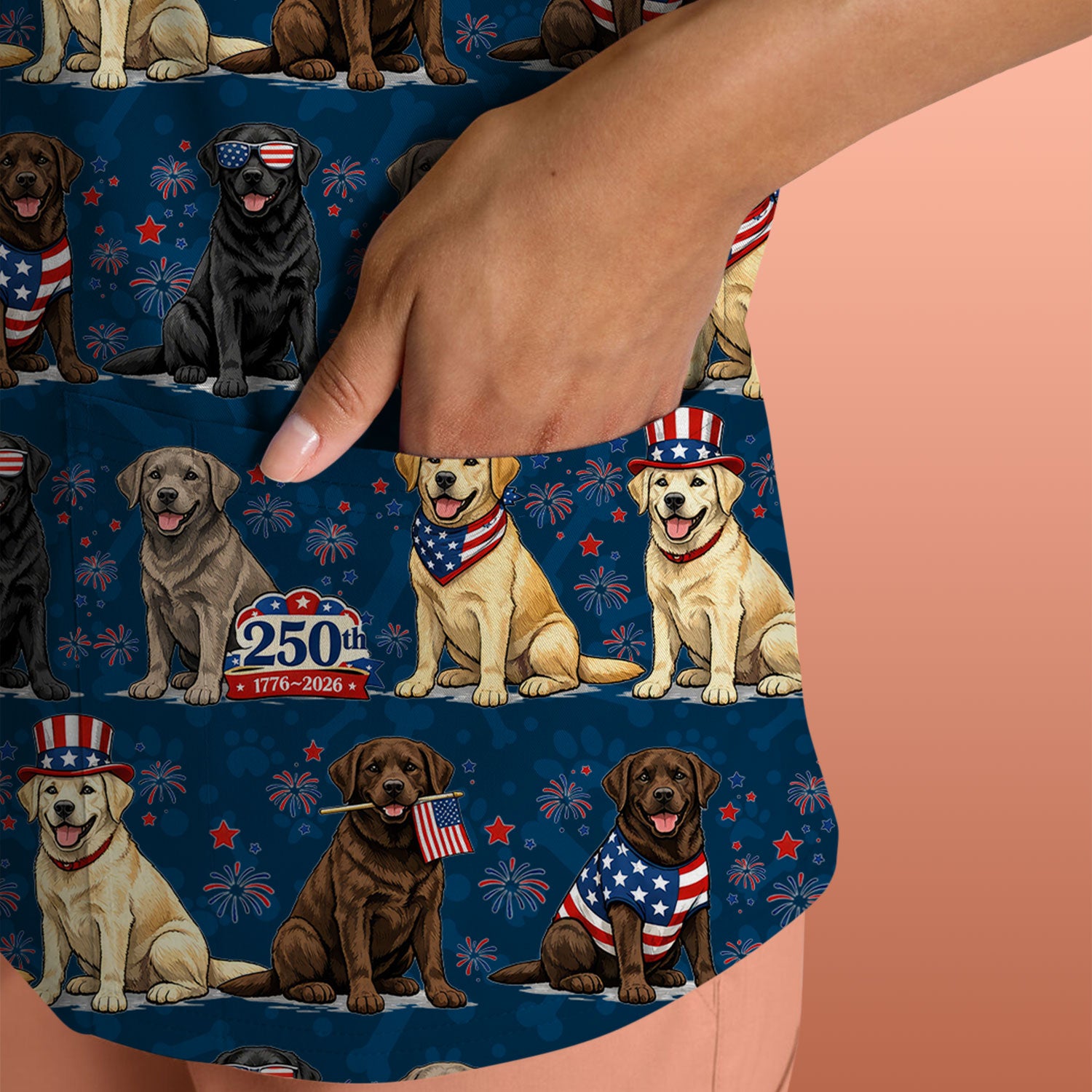 4th of July Labrador Dog Patriotic Print Scrub Top, USA Flag Nursing Uniform for Women