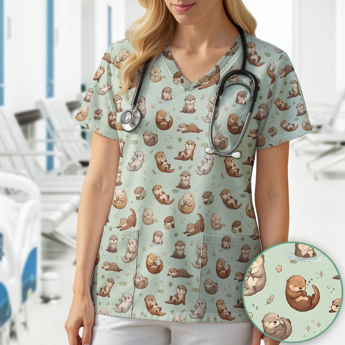 Cute Otter Pattern Scrub Top, Comfortable Scrubs for Nurses
