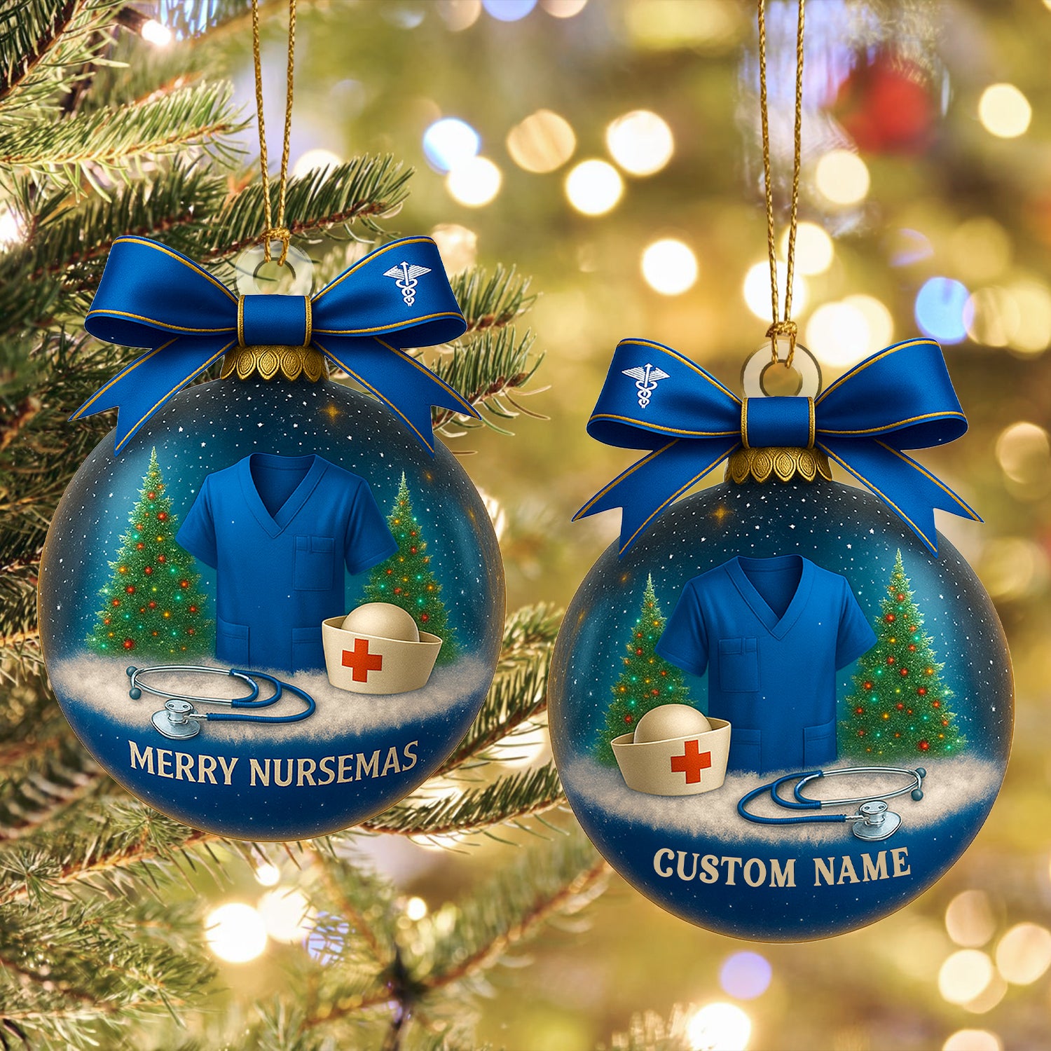 Custom Name Nurse Ornament, Blue Scrub Christmas Ornament With Bow, Merry Nursemas Medical Ornament, Holiday Gift for RN And Doctor