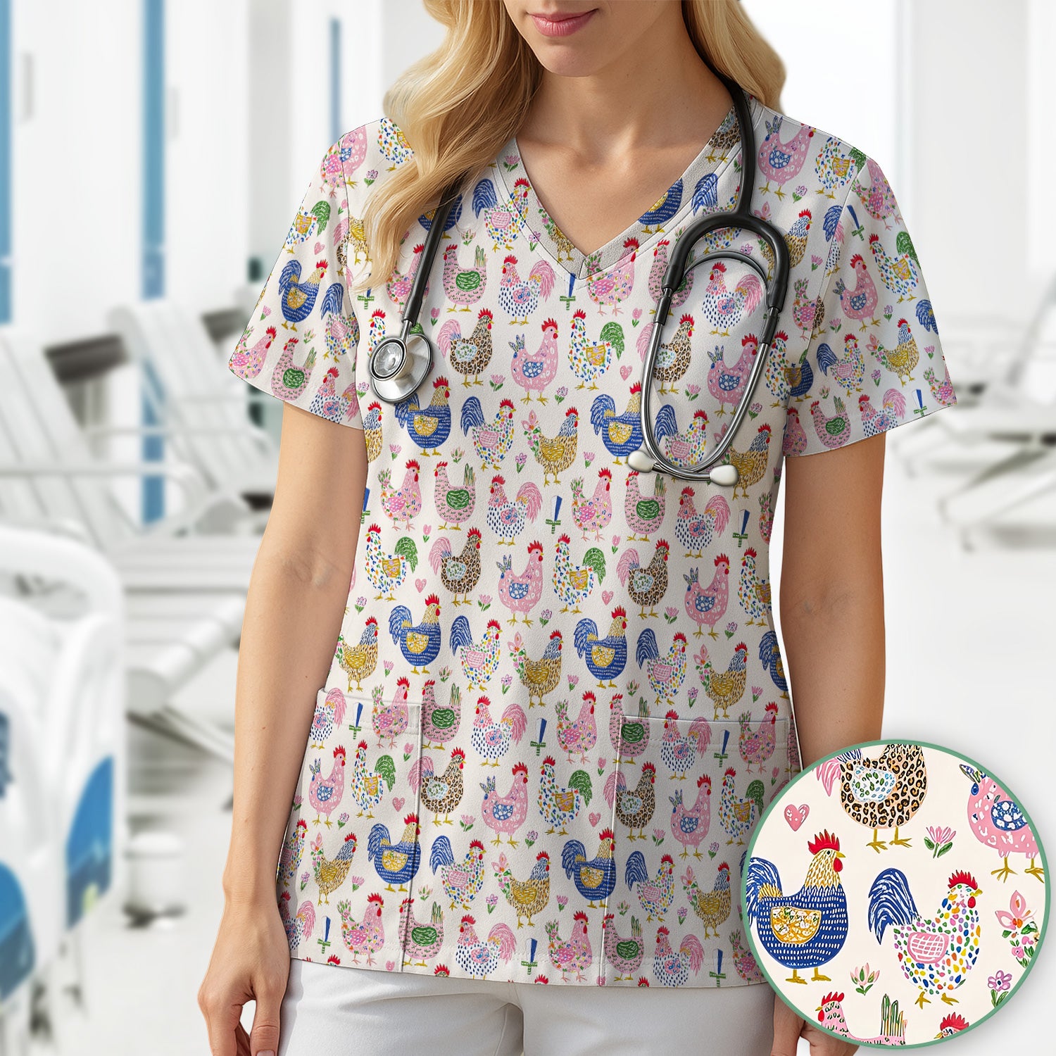Funny Chicken Rooster Pattern Scrub Top, Breathable Fabrics Nursing Uniform