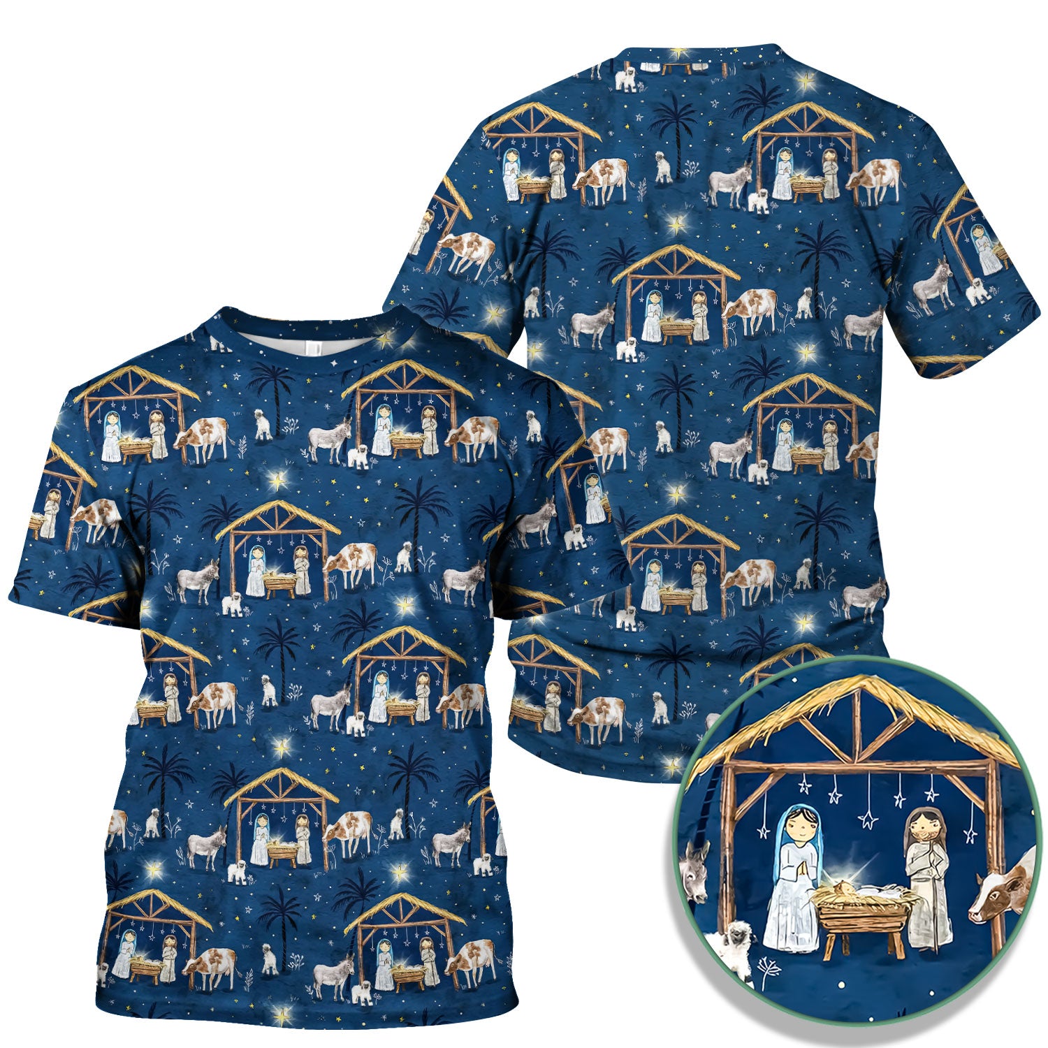 Christmas Nativity Scrub Top for Women - Holy Night Manger Scene - Religious Holiday Nursing Uniform Shirt