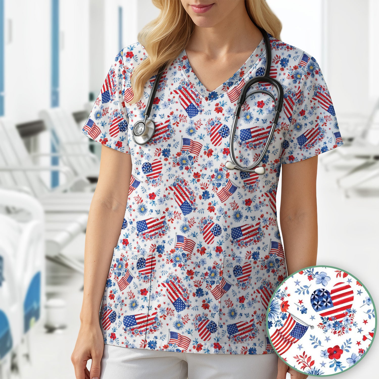 Festive American Flag Heart Floral Pattern Scrub Top, Comfortable Scrubs for Nurses