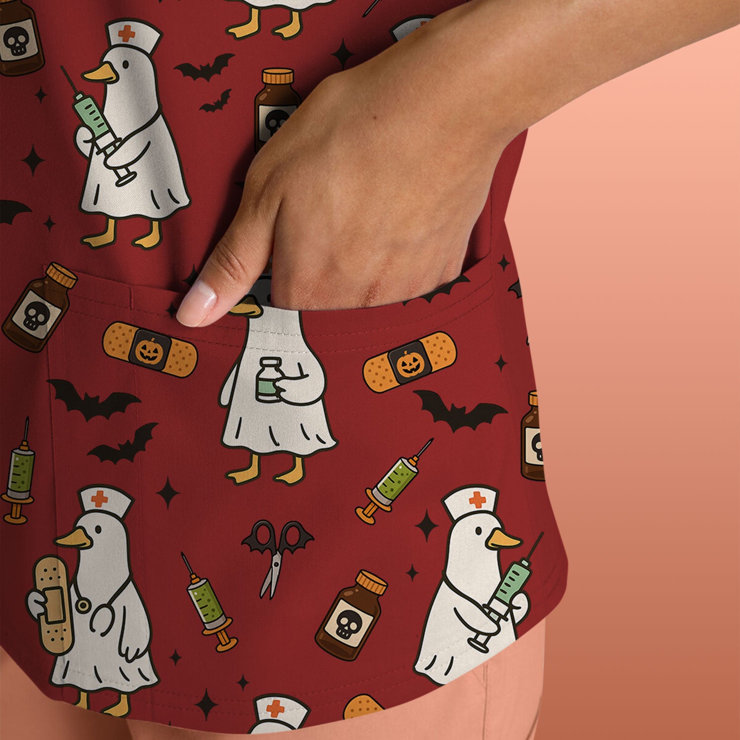 Cute Duck Pattern Nurse Scrub Top - Funny Goose Halloween Medical Design - Playful Spooky Nursing Shirt for RN LPN CNA Women