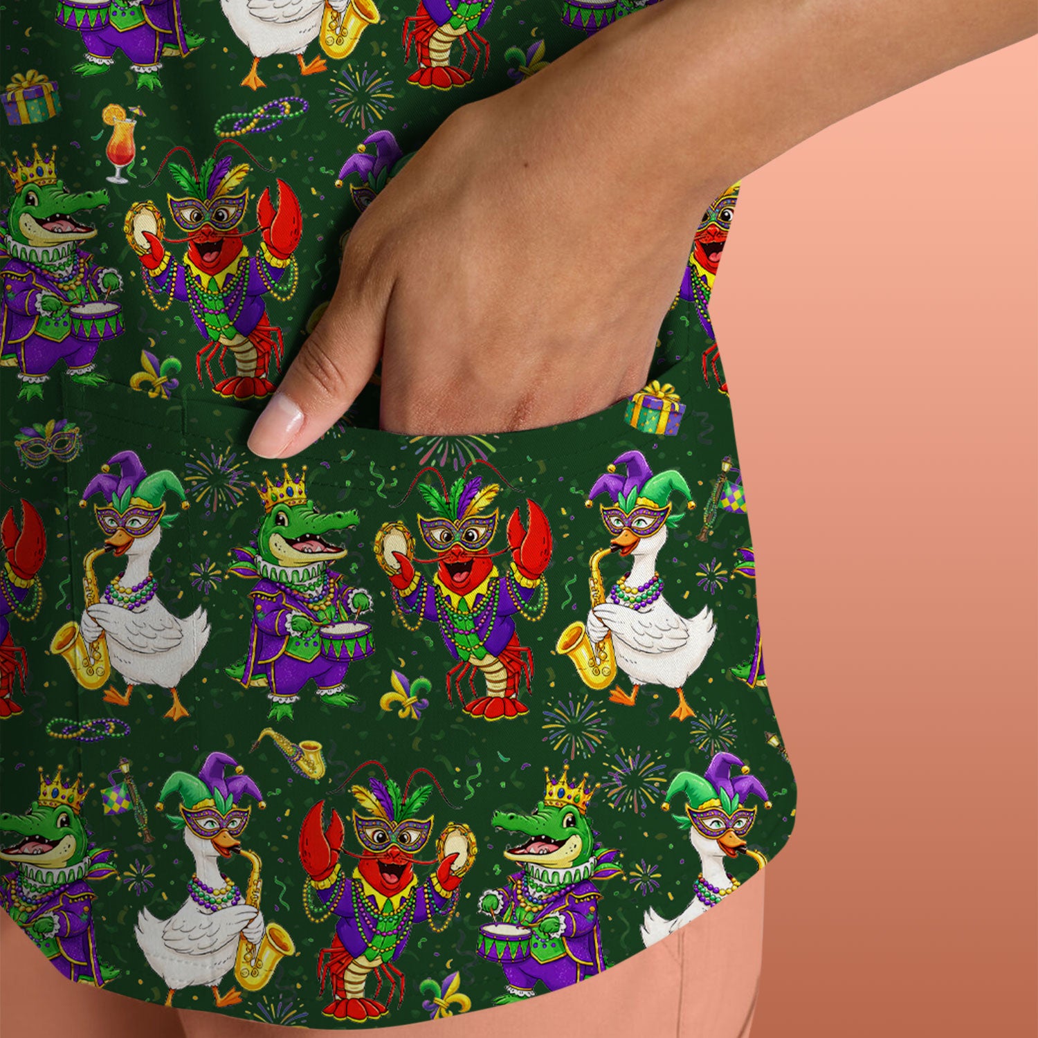 Crawfish And Duck Carnival Scrub Top, Mardi Gras Parade Pattern Nurse Shirt, Breathable Fabrics Nursing Uniform