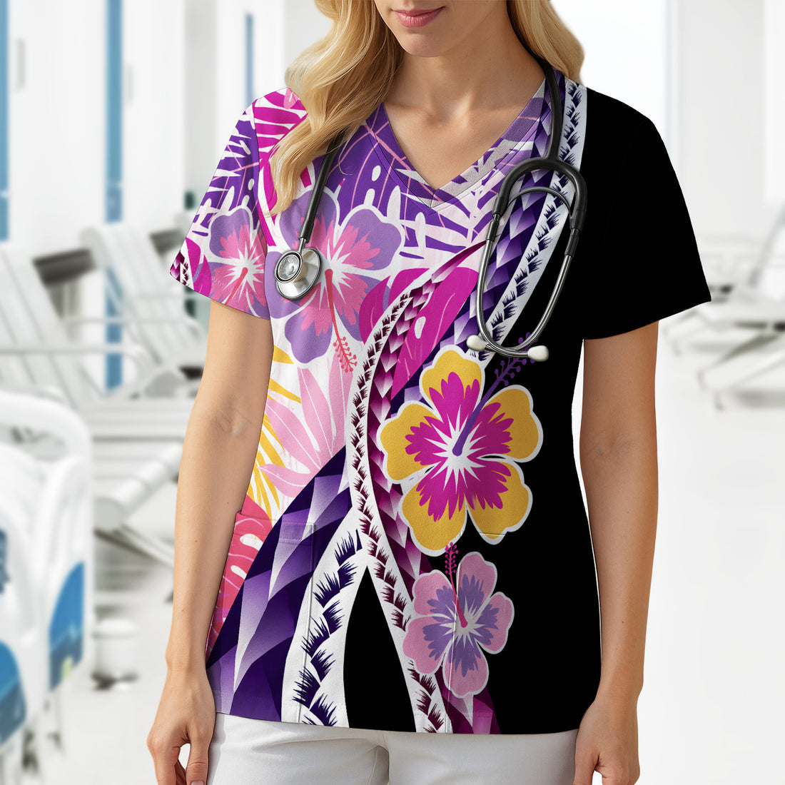Nurse Tropical Hibiscus Leaf Pattern Scrub Top, Comfortable Scrubs for Nurses