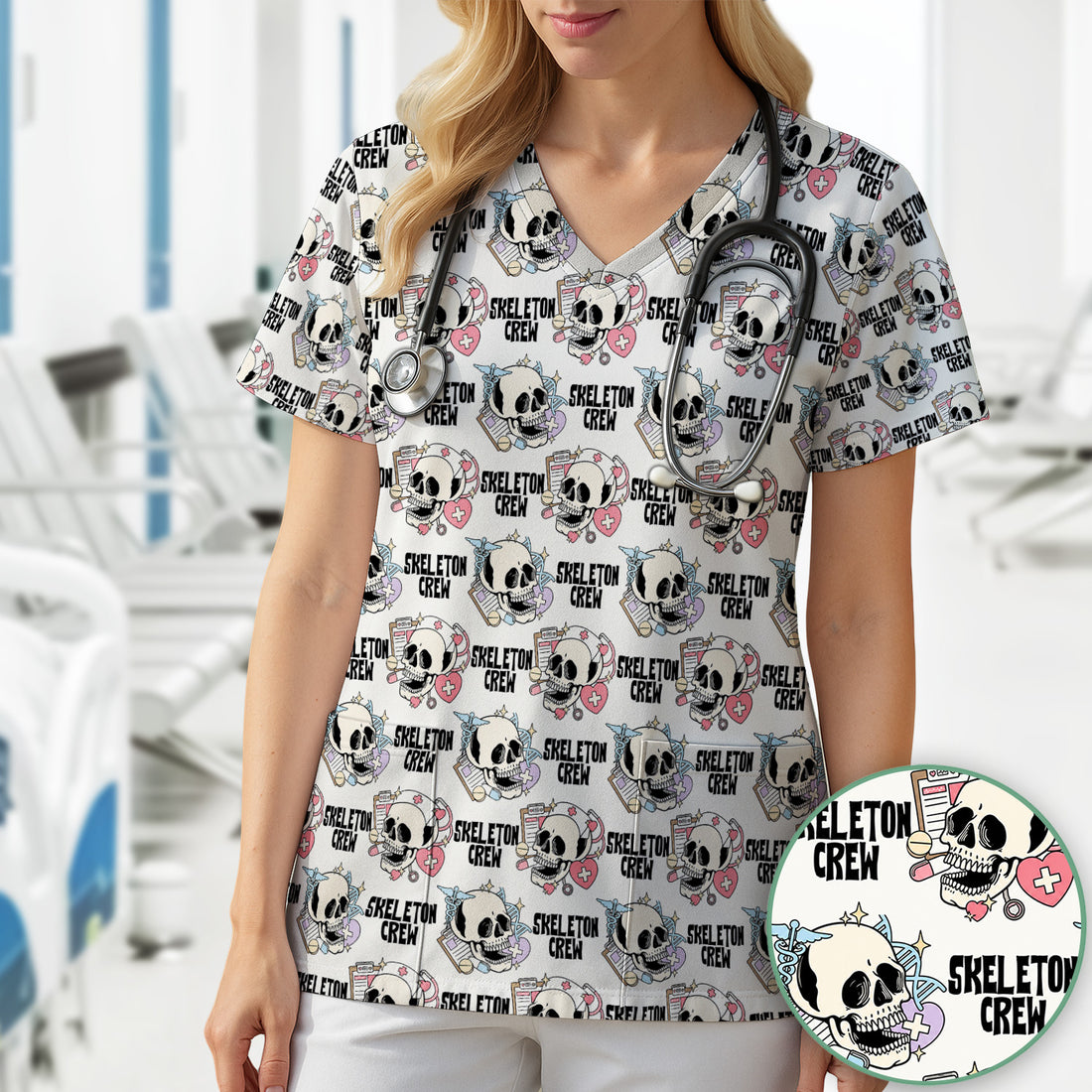 Funny Halloween Skeleton Crew Scrub Top, Comfortable Scrubs for Nurses
