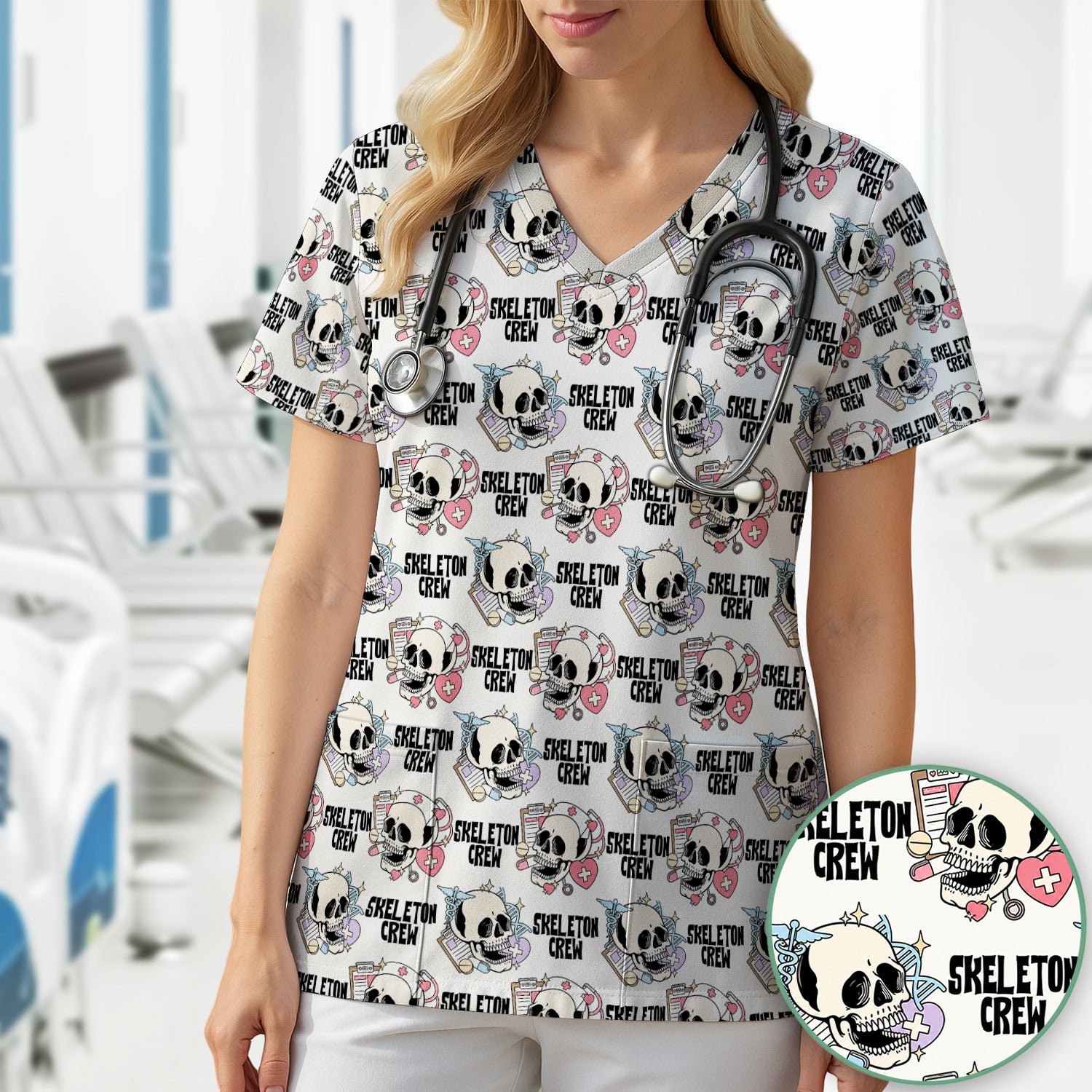 Funny Halloween Skeleton Crew Scrub Top, Comfortable Scrubs for Nurses