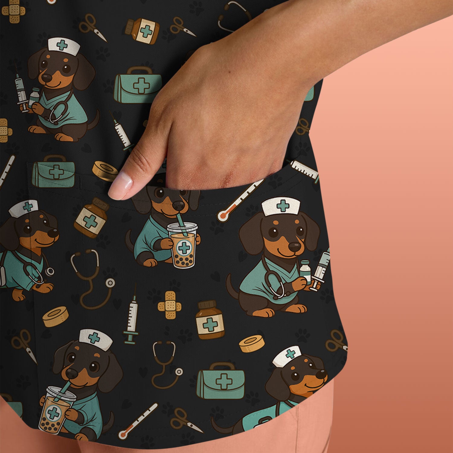 Funny Dachshund Nurse Scrubs - Cute Dog Print Medical Shirt - Holiday Nurse Scrub Top Gift for RN CNA Doctor, Women & Men