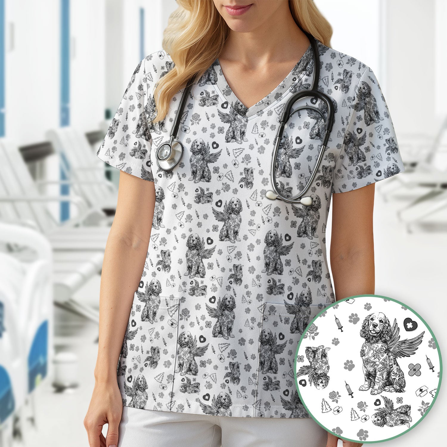 Toile De Jouy Scrubs for Nurses - Angel Puppy Medical Uniform - Floral Dog in Heaven Gift for Women, Vet Techs, RN CNA LPN