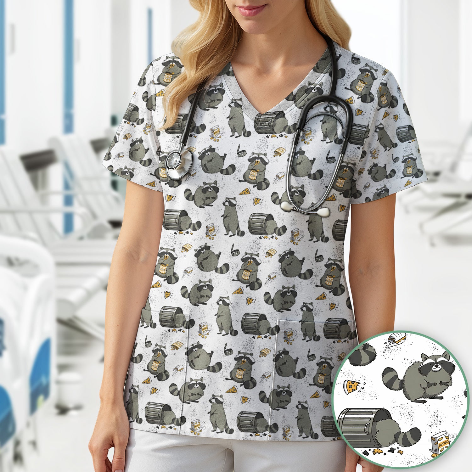 Raccoon Snack And Trash Can Pattern Scrub Top, Breathable Fabrics Nursing Uniform