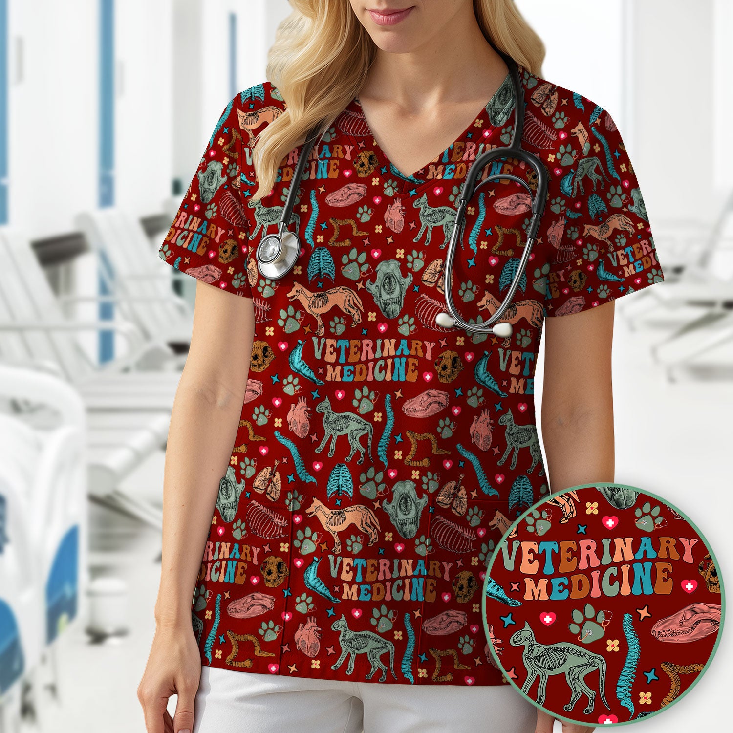 Vet Tech Scrub Top - Veterinary Medicine Pattern - Animal Medical Uniform for Women Nurse Gift