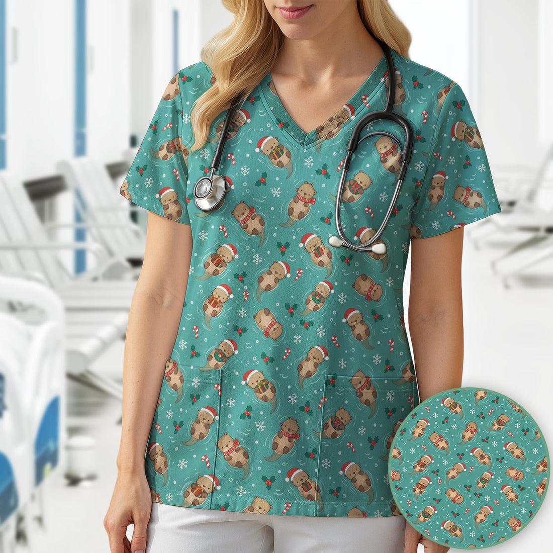 Christmas Sea Otters And Gifts Scrub Top, Comfortable Scrubs for Nurses