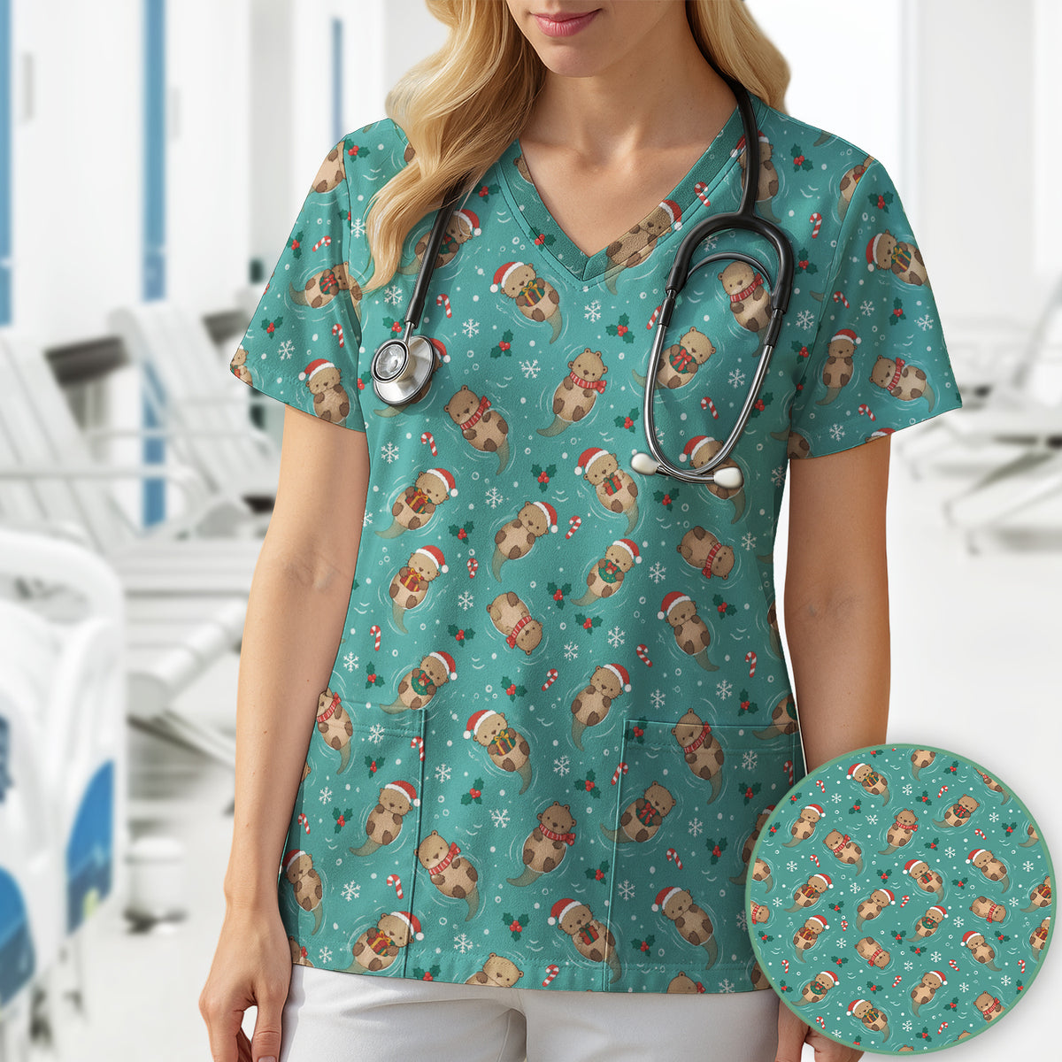 Christmas Sea Otters And Gifts Scrub Top, Comfortable Scrubs for Nurses