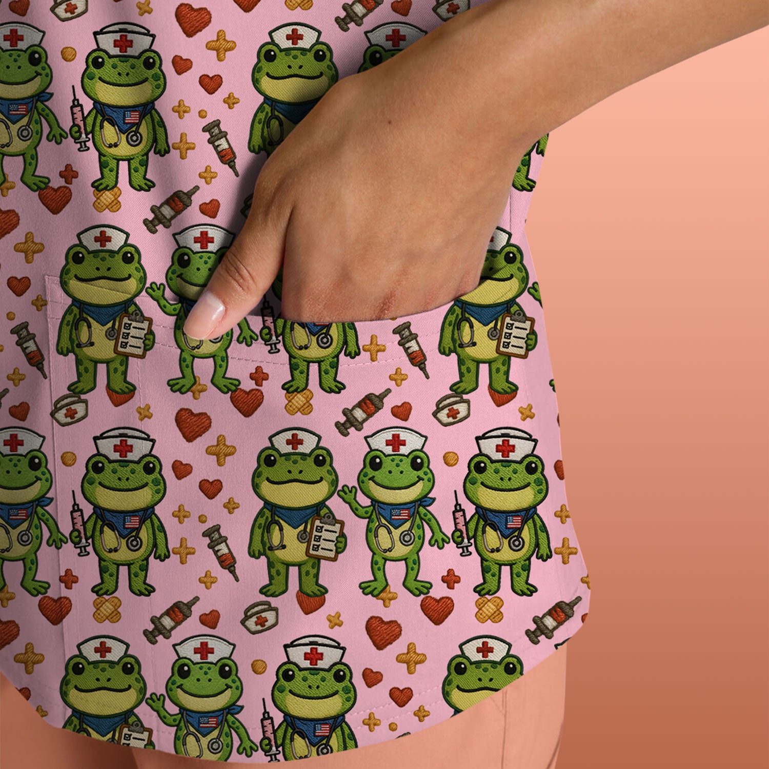 Frog Pattern Scrub Top, Cute Frog Scrub Shirt, Breathable Fabrics Nursing Uniform