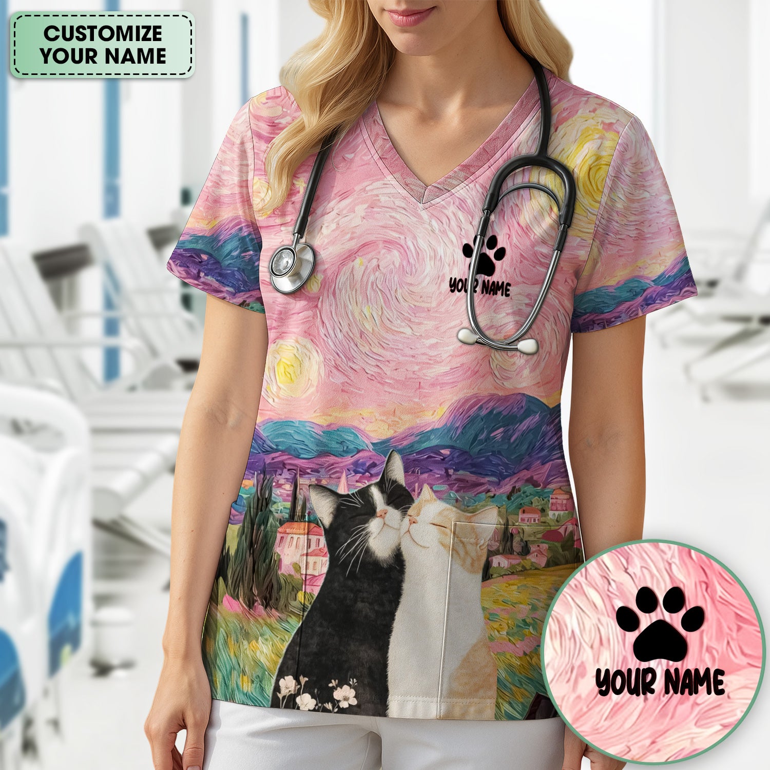 Personalized Cat Couple Sunset Swirl Sky Landscape Pattern Scrub Top, Comfortable Scrubs for Nurses