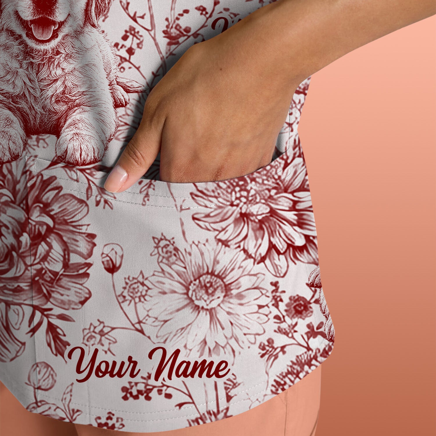 Personalized Custom Pet Photo Name Floral Pattern Scrub Top, Breathable Fabrics Nursing Uniform