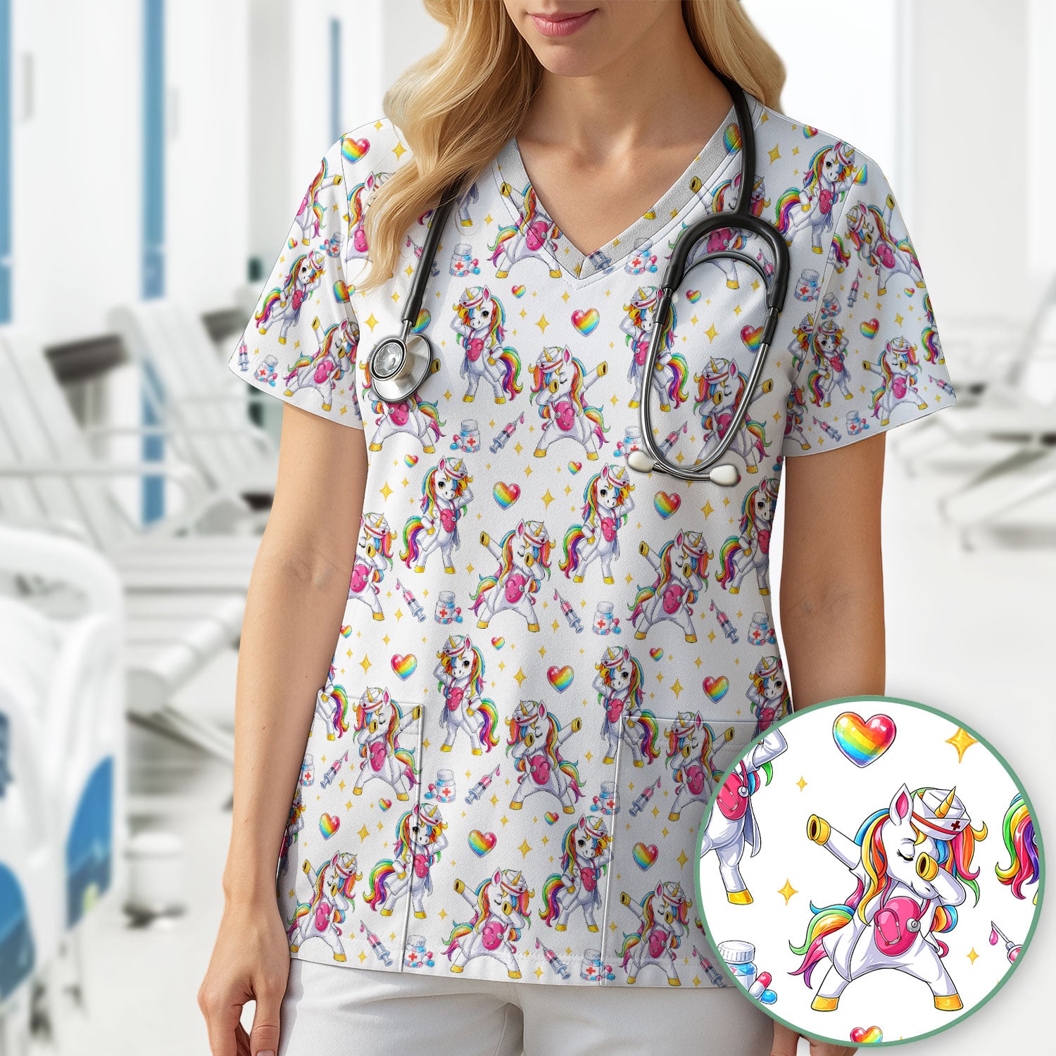 Playful Nurse Unicorn Rainbow Pattern Scrub Top, Comfortable Scrubs for Nurses