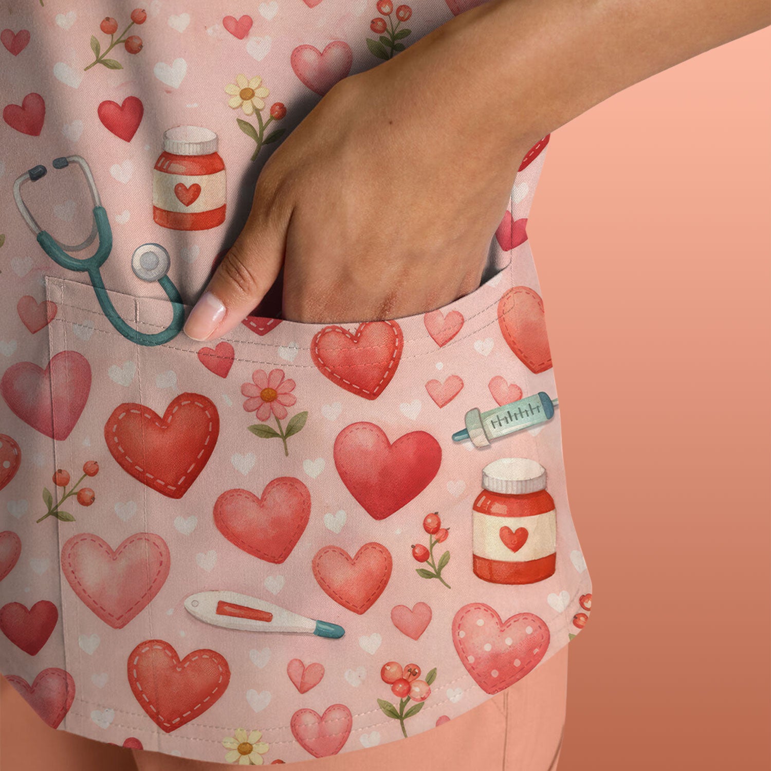 Cute Medical Heart Pattern Scrub Top, Valentine Nurse Scrub Shirt, Breathable Fabrics Nursing Uniform
