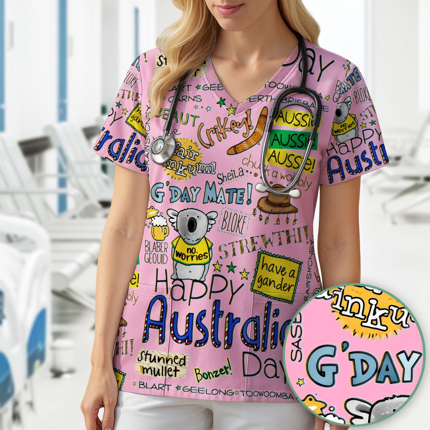 Cute Cartoon Koala Australia Pattern Scrub Top, Breathable Fabrics Nursing Uniform