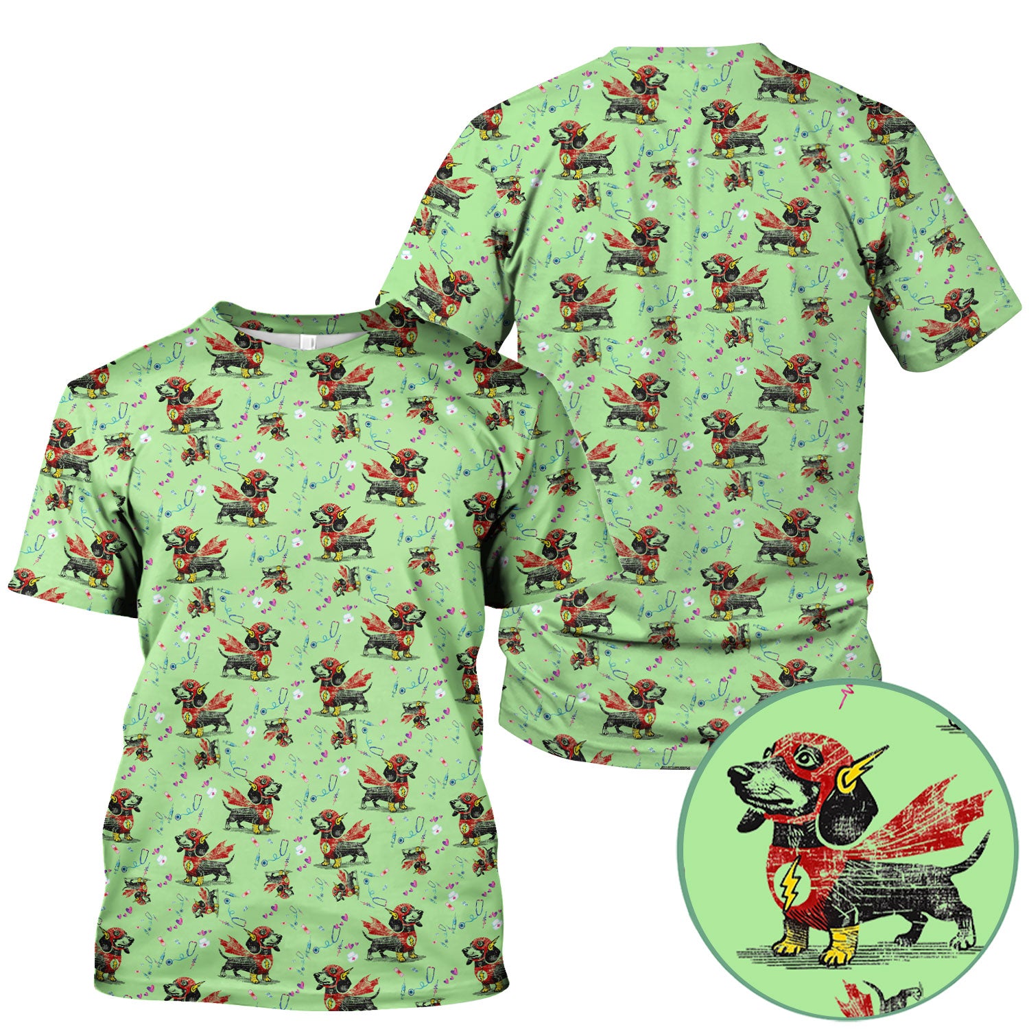 Super Nurse Dachshund Scrub Shirt - Hero Sausage Dog Print Medical Top - Funny Dog Print Gift for Nurses RN CNA LPN