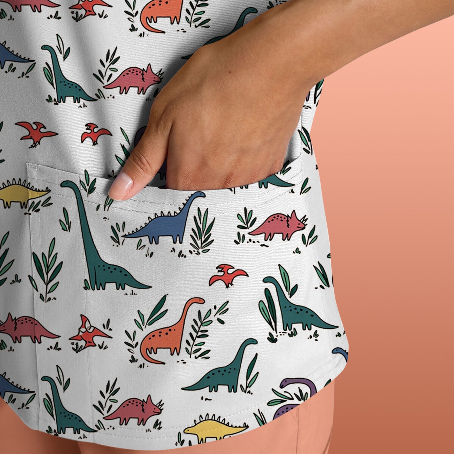 Cute Dinosaur Leafy Garden Pattern Scrub Top, Comfortable Scrubs for Nurses
