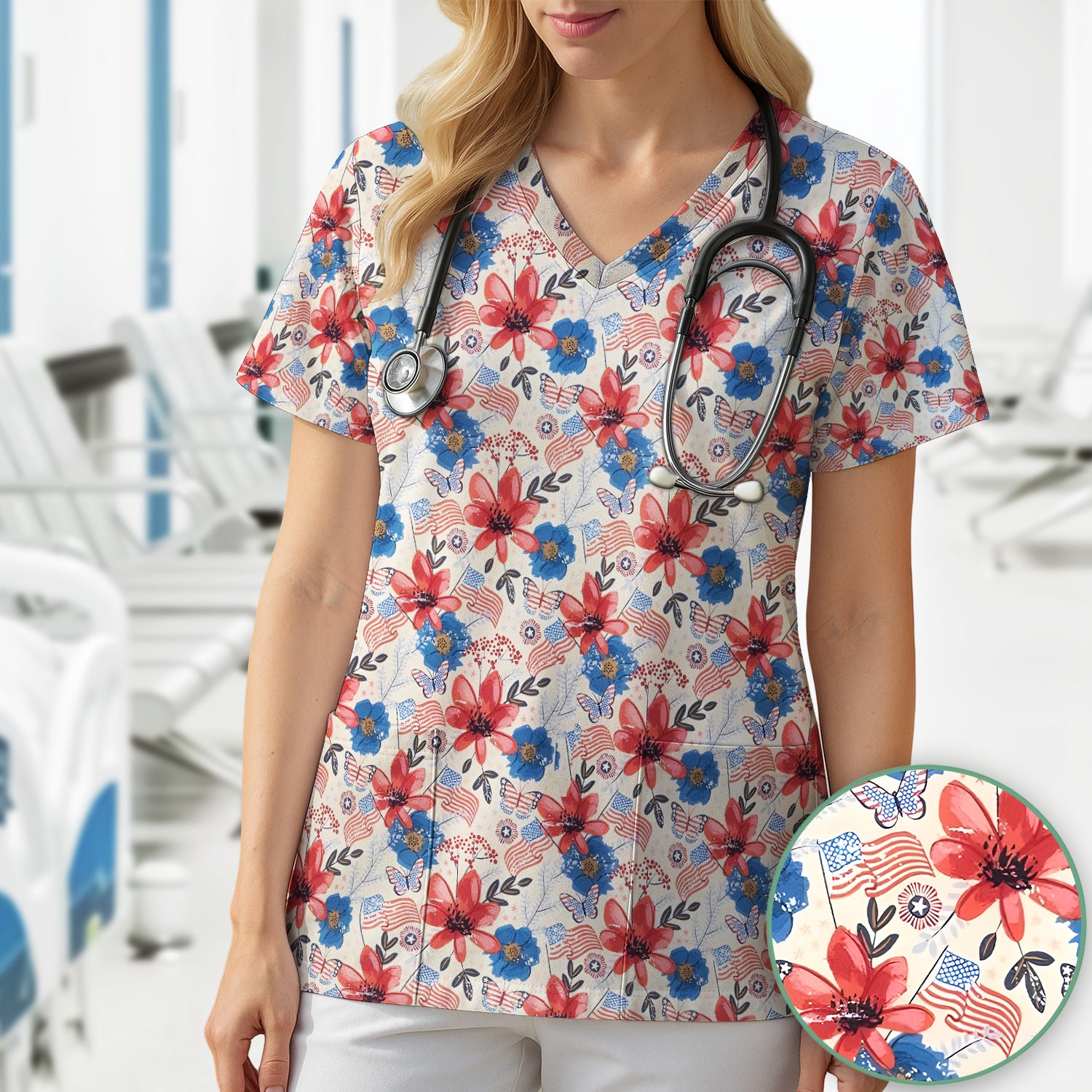 Patriotic Wildflower Flag Butterfly Pattern Scrub Top, Comfortable Scrubs for Nurses