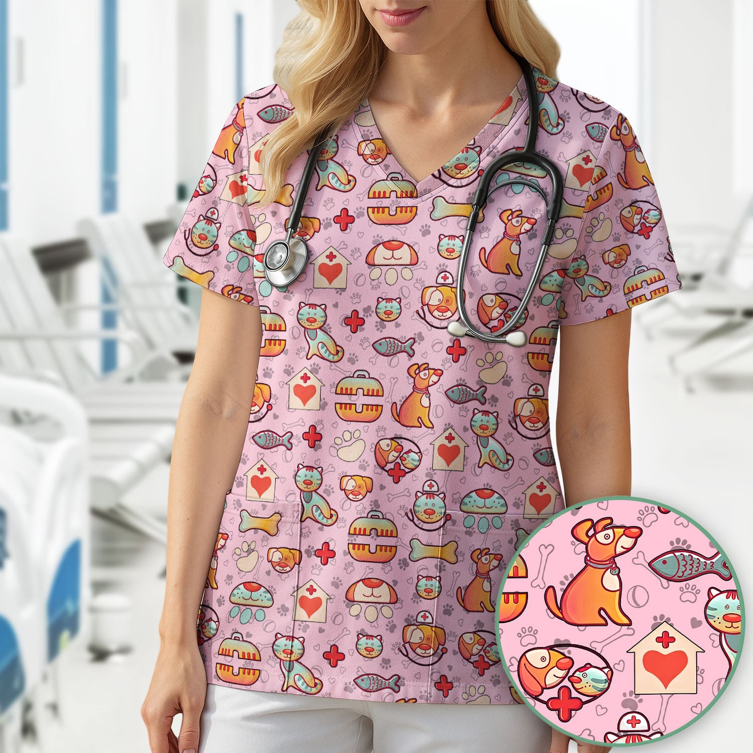 Veterinary Nurse Scrub Top - Cute Cat Dog Paw Print Medical Shirt - Fun Animal Pattern Vet Tech Scrubs for Women RN CNA