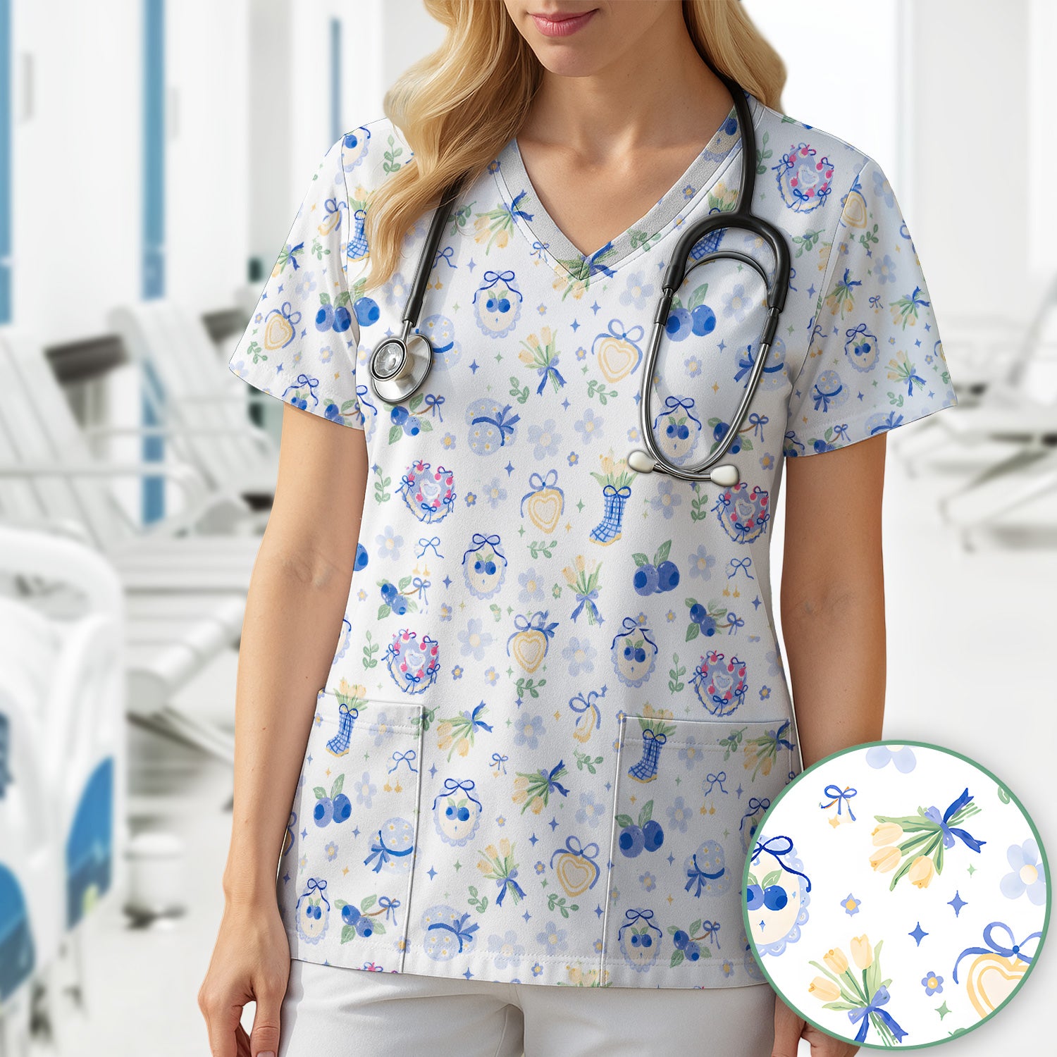Cute Blueberry Bow Print Scrub Top, Comfortable Scrubs for Nurses