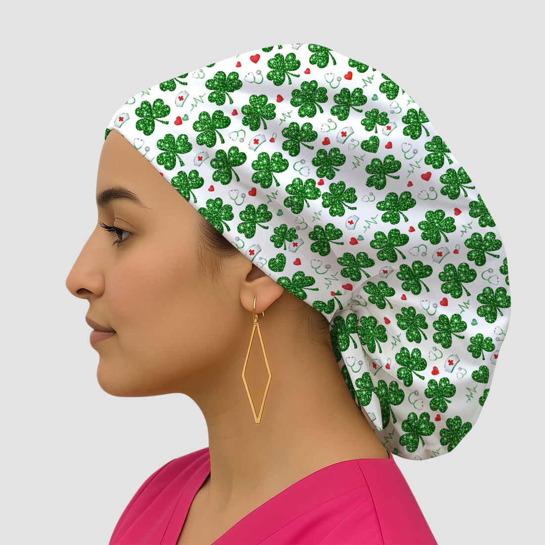 St. Patrick’s Day Nurse Scrub Cap, Green Clover Medical Pattern Hat, Breathable Fabrics Nursing Uniform
