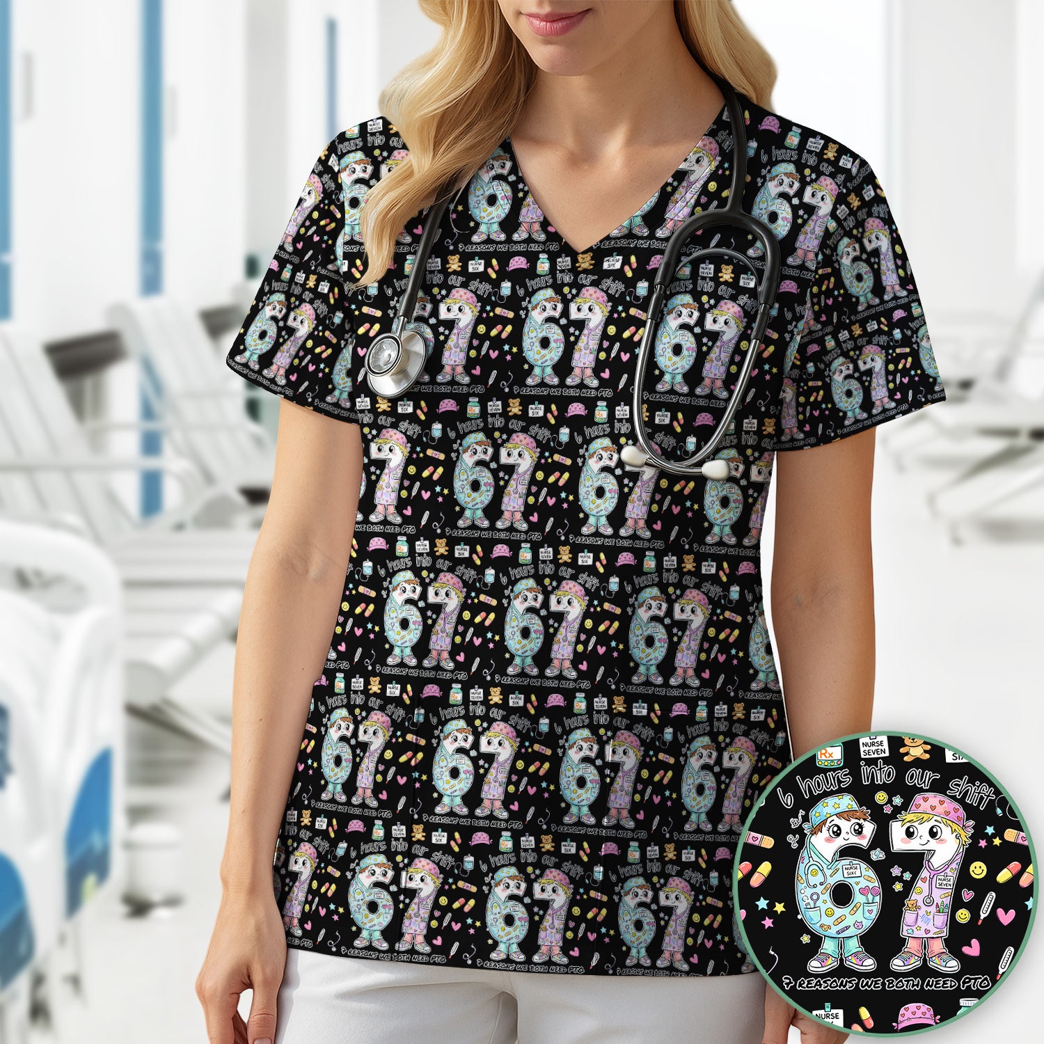Cartoon Characters Six Hours Into Shift With Medical Doodle Scrub Top, Breathable Fabrics Nursing Uniform