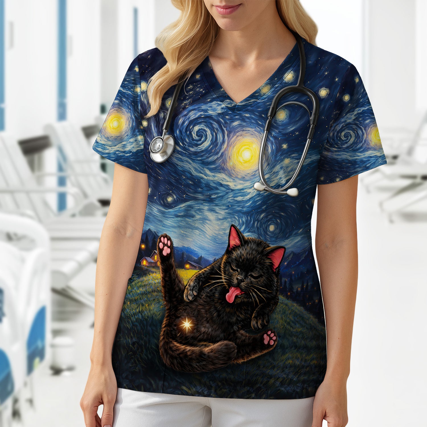 Funny Black Cat Cosmic Night Sky Pattern Scrub Top, Comfortable Scrubs for Nurses