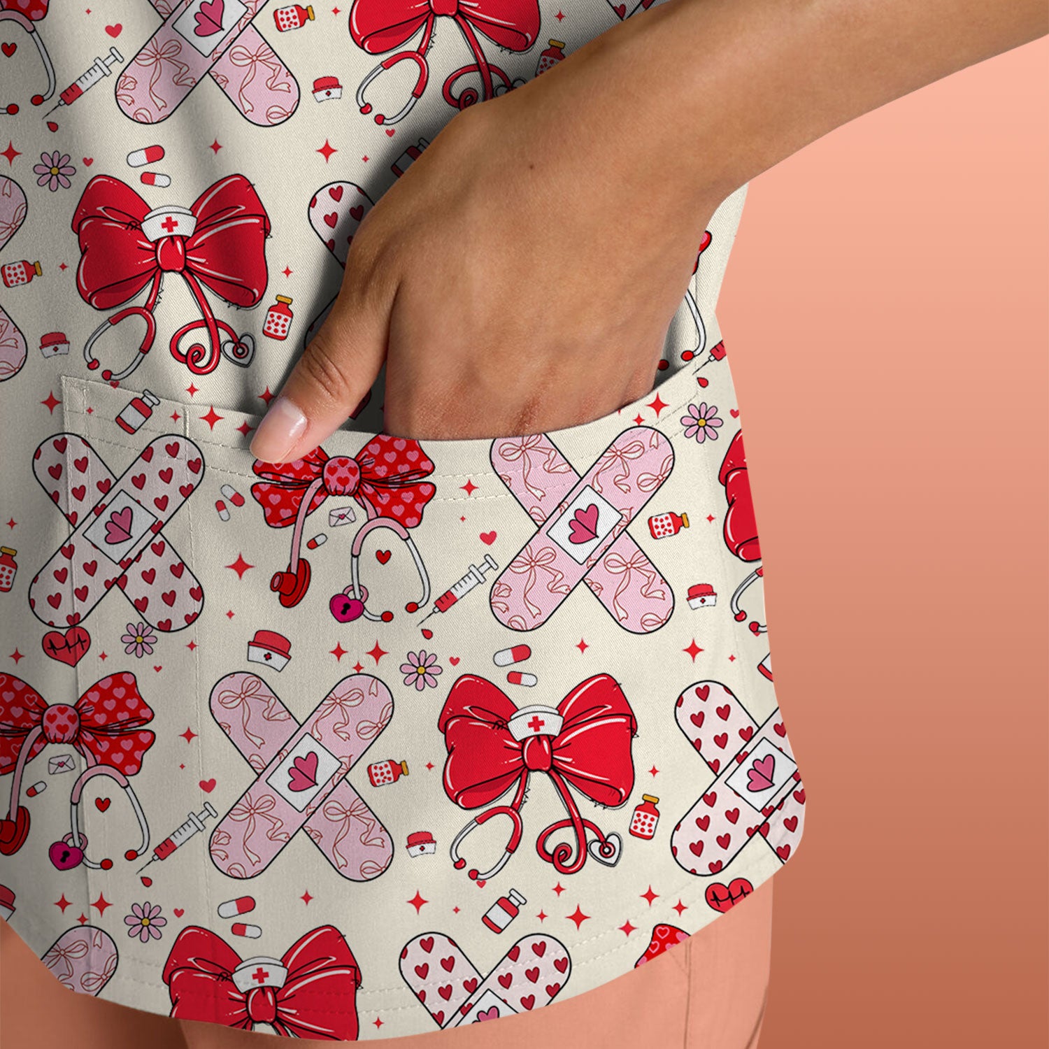 Valentine Nurse Scrub Top, Red Bow And Heart Bandage Pattern Medical Shirt, Breathable Fabrics Nursing Uniform