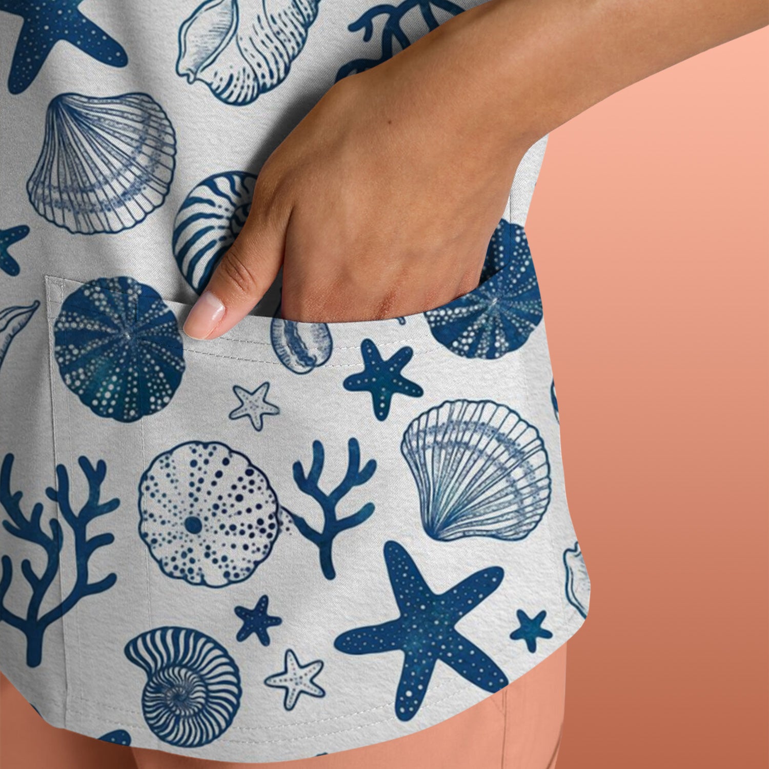 Cute Ocean Shell Starfish Pattern Scrub Top, Comfortable Scrubs for Nurses
