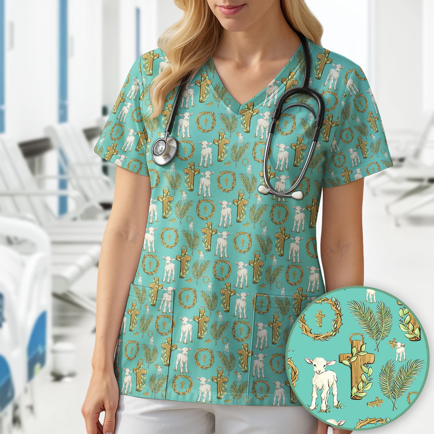 Faith Lamb Cross Pattern Scrub Top, Comfortable Scrubs for Nurses