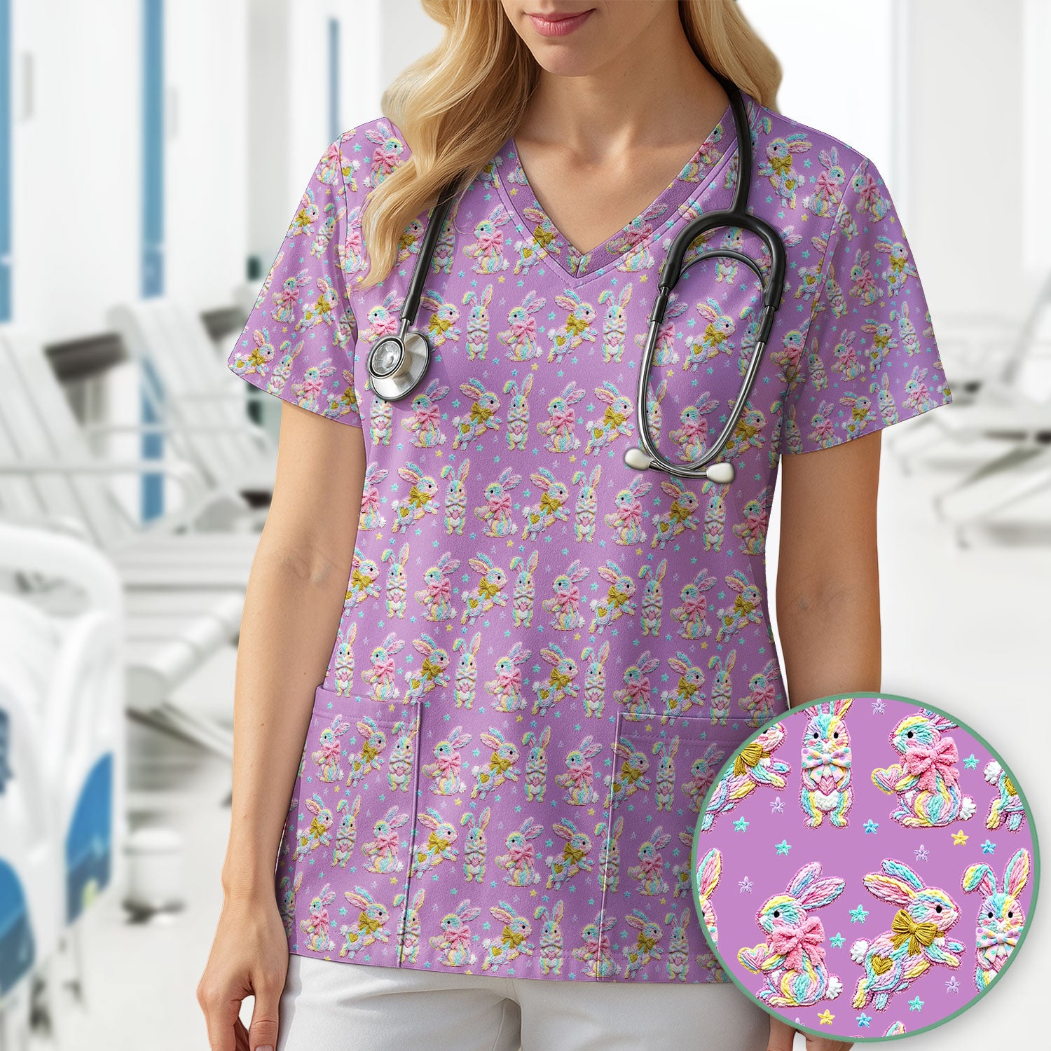 Cartoon Bunny All Over Print Scrub Top, Comfortable Scrubs for Nurses, Easter
