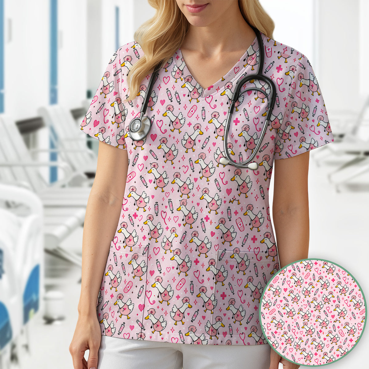Pink Nurse Goose And Hearts Scrub Top, Comfortable Scrubs for Nurses