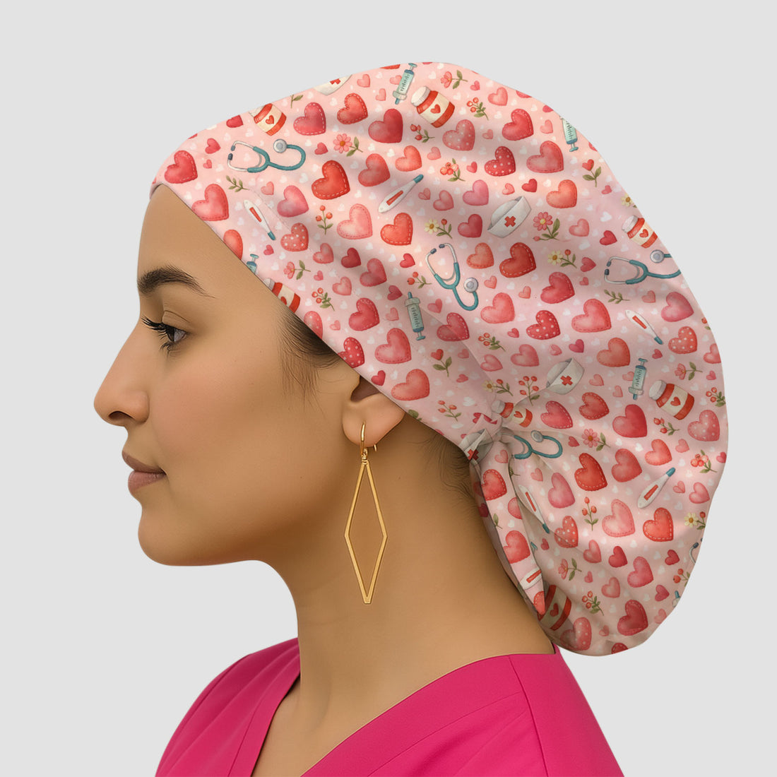 Cute Medical Heart Pattern Scrub Cap, Valentine Nurse Scrub Hat, Breathable Fabrics Nursing Uniform