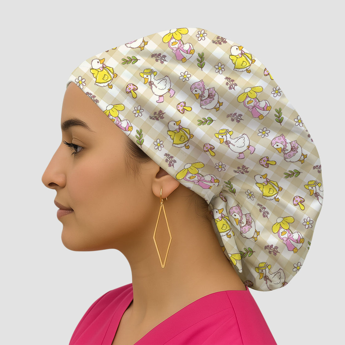 Cute Duck Outfit Gingham Pattern Scrub Cap, Bouffant Scrub Caps for Women
