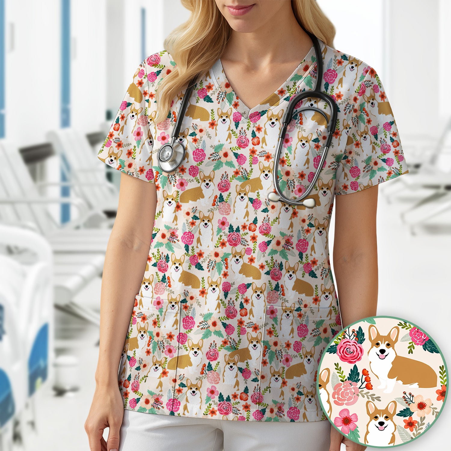 Cute Corgi Dog Floral Garden Pattern Nurse Scrub Top, Comfortable Scrubs for Nurses