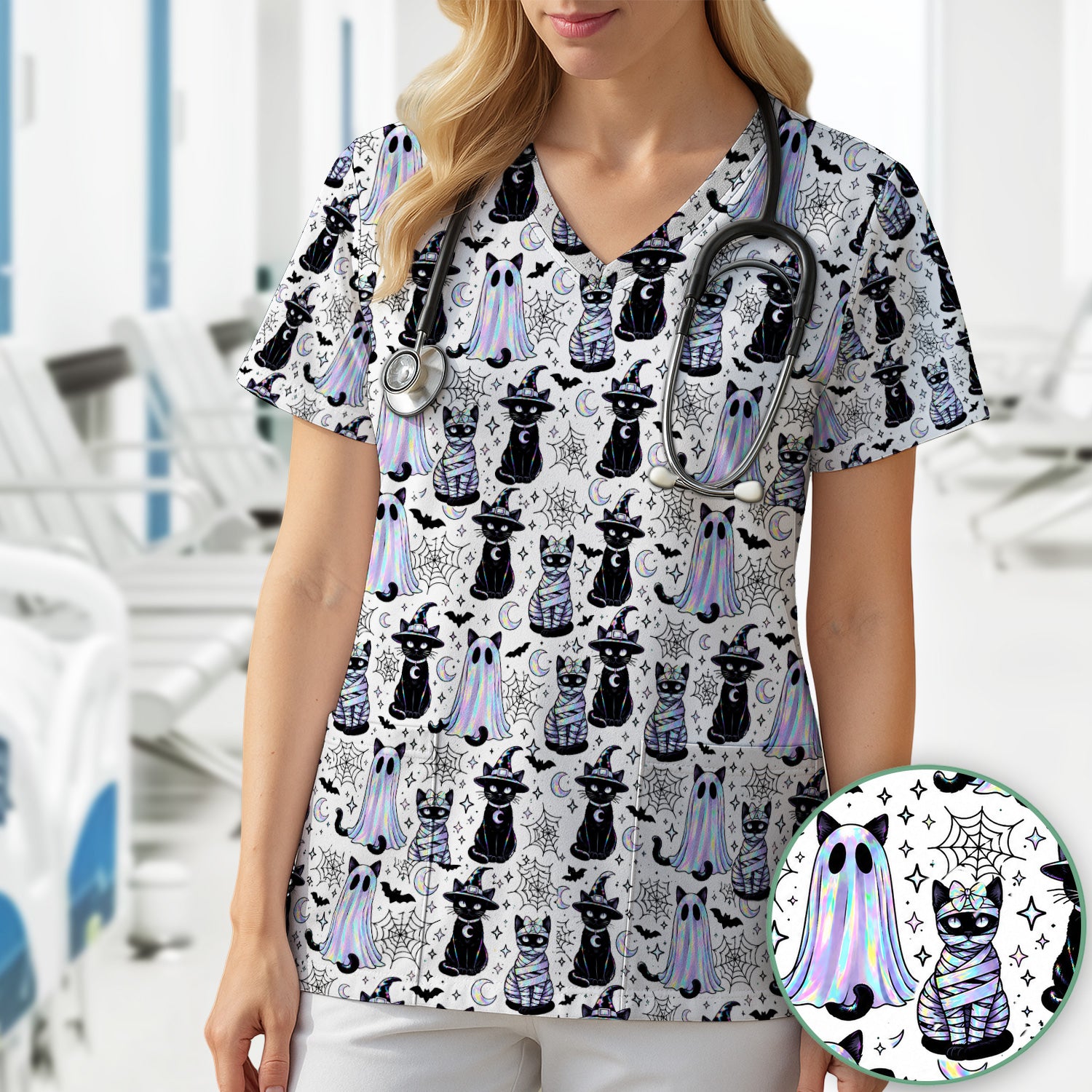 Ghost Witch Cat Pattern Scrub Top, Comfortable Scrubs for Nurses