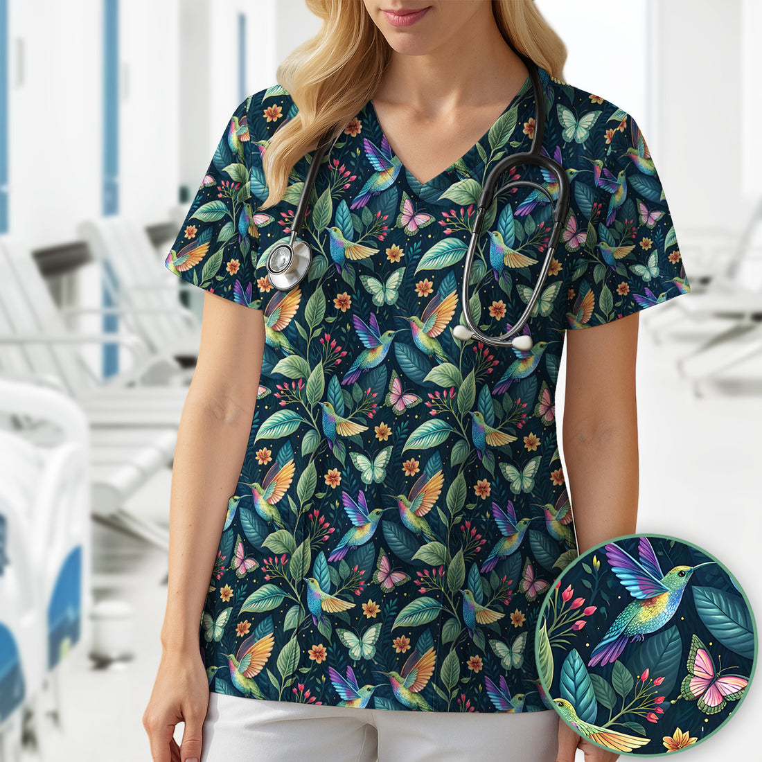 Vibrant Hummingbird Garden Nurse for RN, CNA, Botanical Medical Scrub Top, Comfortable Scrubs for Nurses