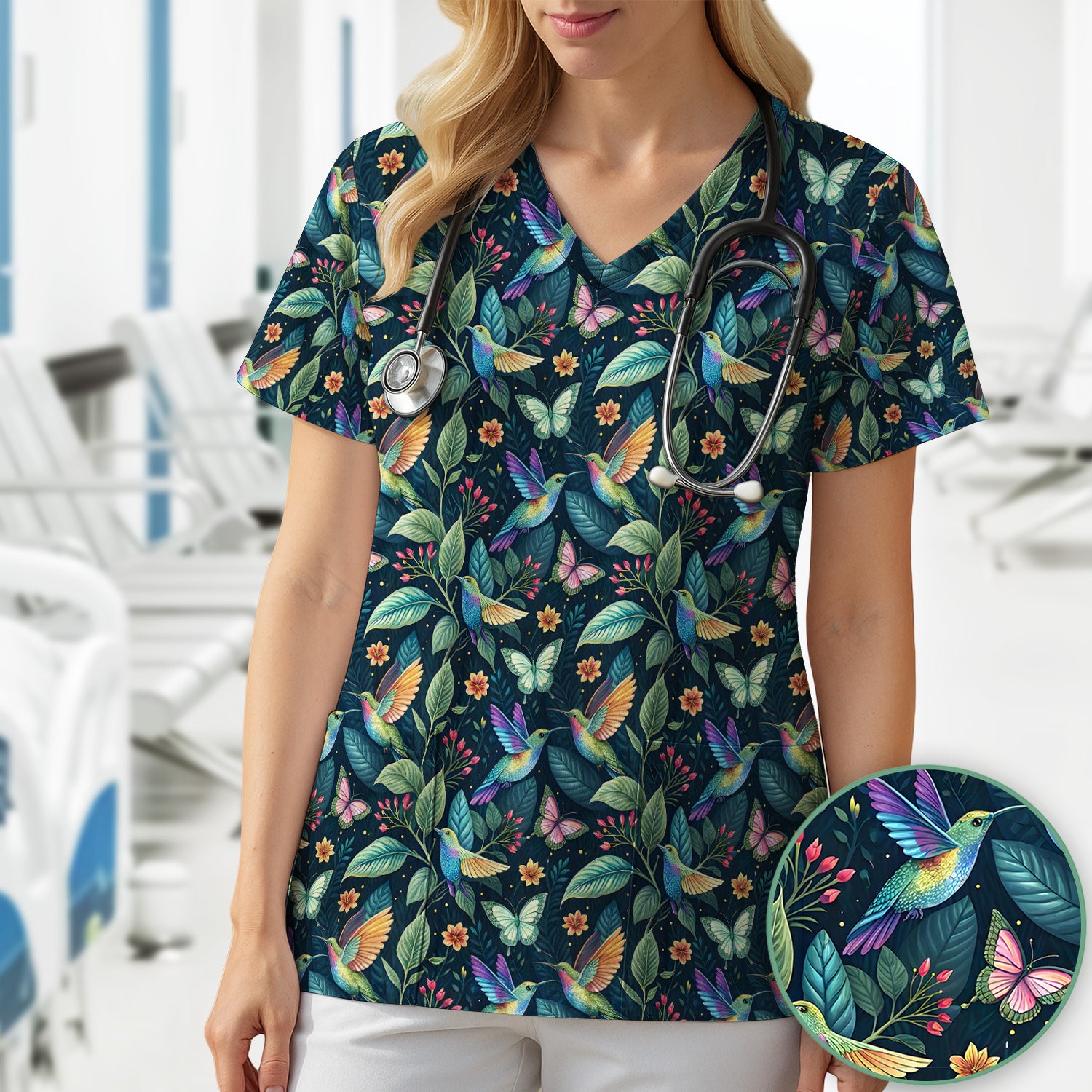 Vibrant Hummingbird Garden Nurse for RN, CNA, Botanical Medical Scrub Top, Comfortable Scrubs for Nurses