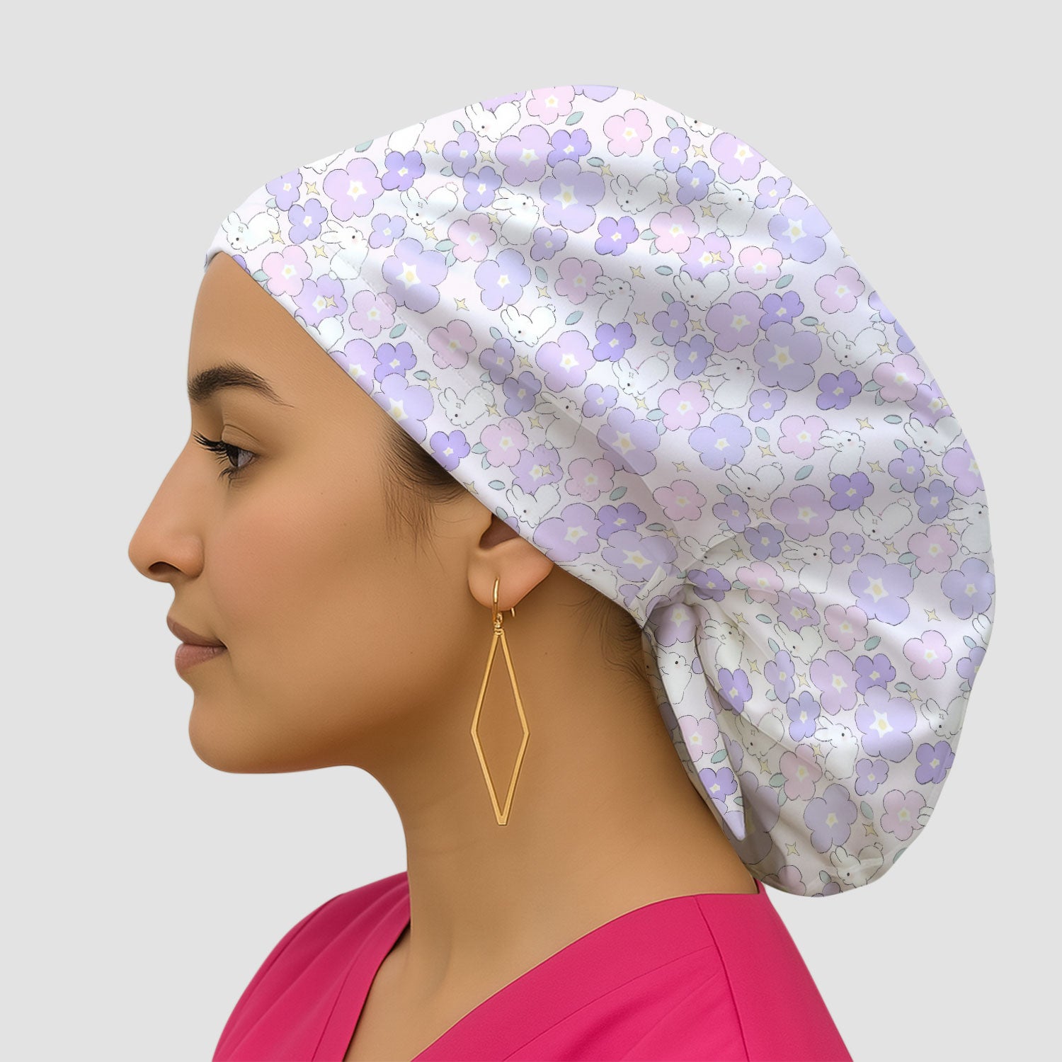 Cute Bunny Floral Pastel Pattern Scrub Cap, Breathable Fabrics Caps Uniform