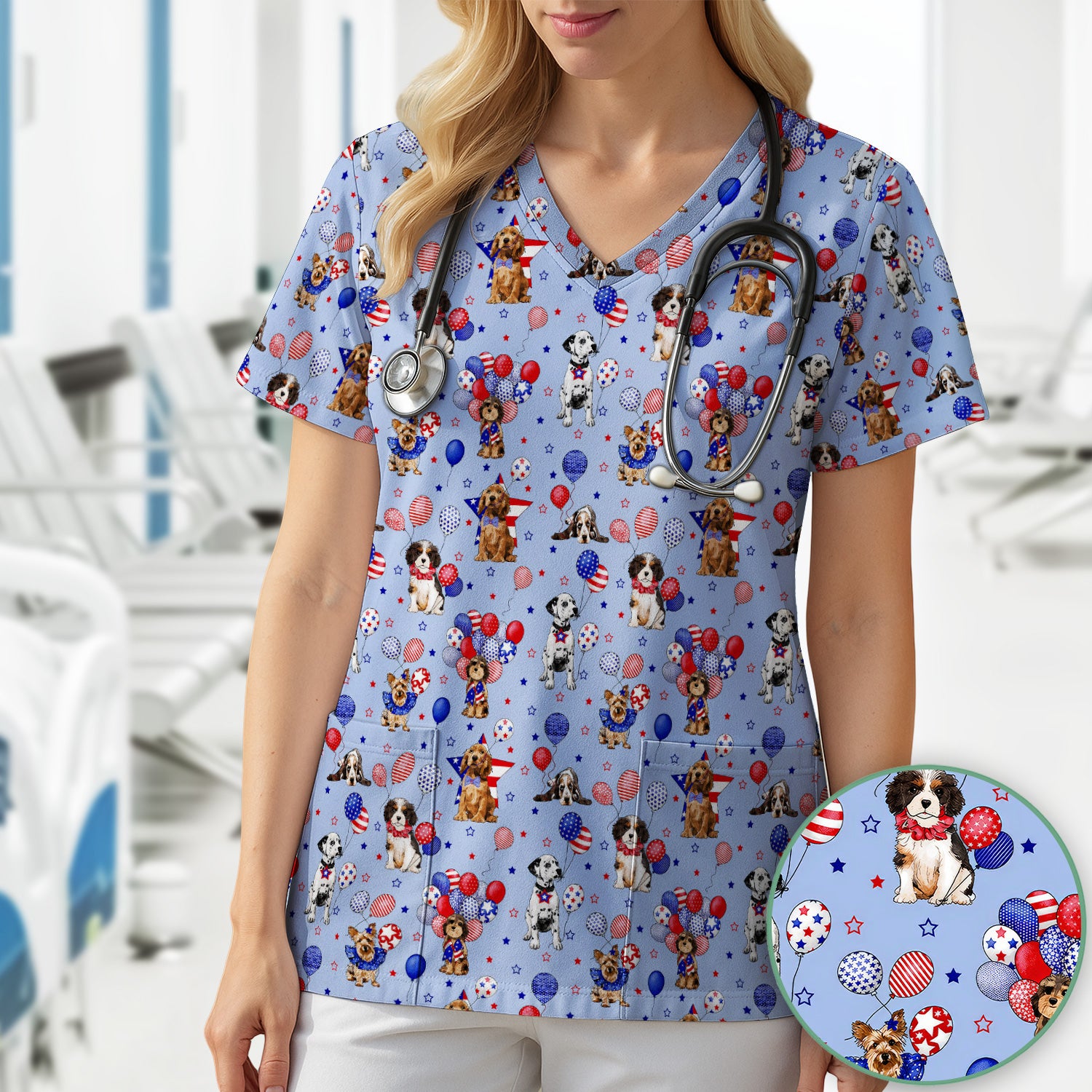 Patriotic Dogs With USA Flag Balloons Pattern Scrub Top, Comfortable Scrubs for Nurses