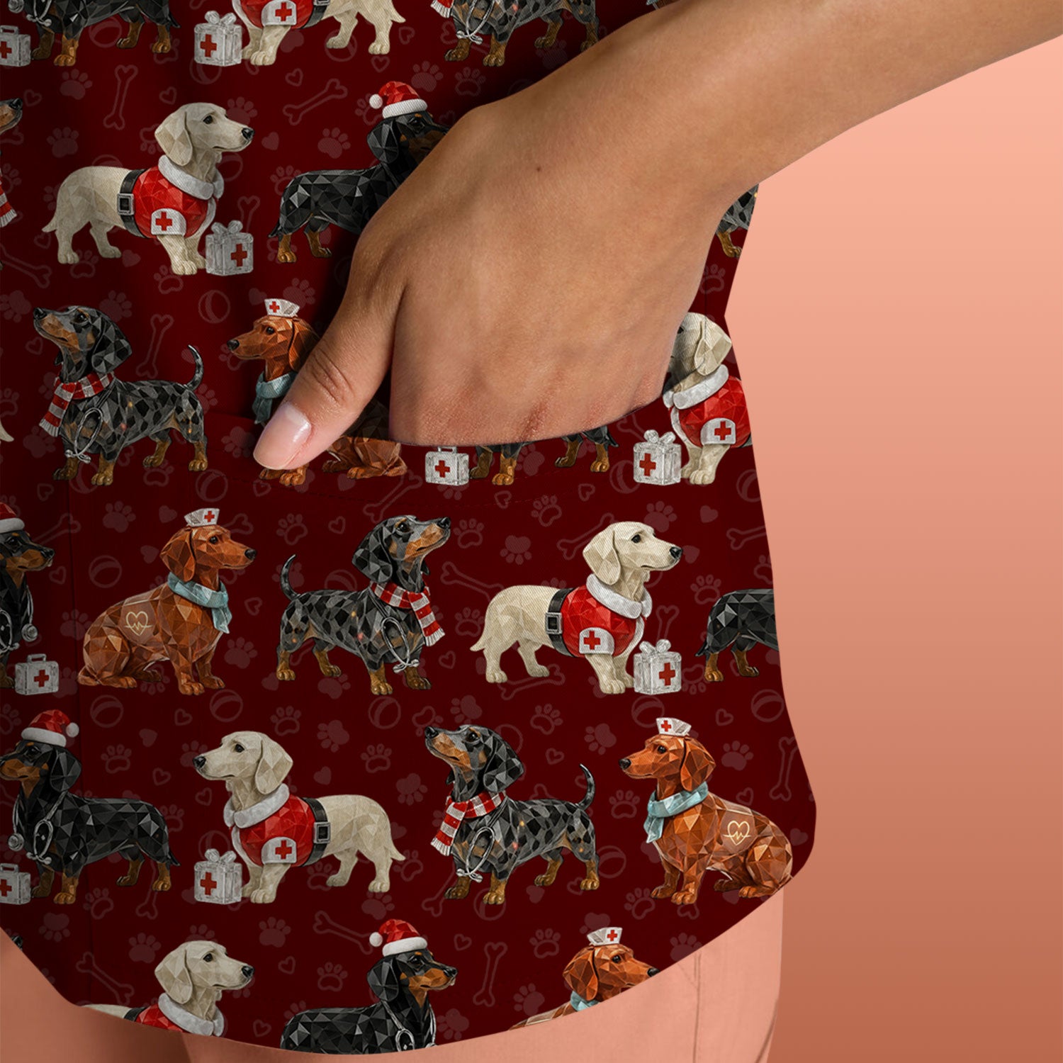 Funny Dachshund Christmas Dog Nurse Scrub Top, Holiday Puppy Medical Uniform Shirt For Nursing
