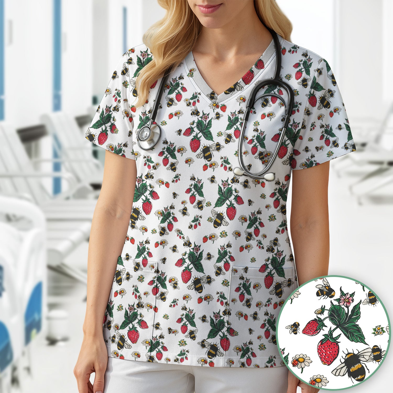 Cute Strawberry Bee Daisy Floral Pattern Scrub Top, Comfortable Scrubs for Nurses
